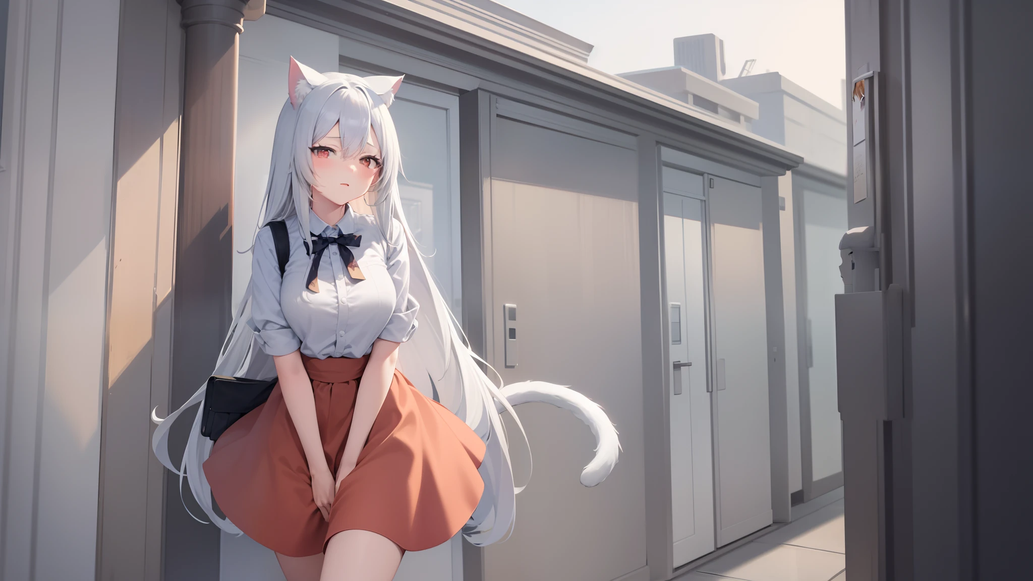 Anime masterpiece, Best quality, High_Resolution, High up detail, Extremely detailed and beautiful, 1 girl, Solo, Top perspective, Silver hair, The iris of the left eye is red, The iris of the right eye is orange/gold, Cat ears, Cat tail, in public, wearing short skirt, arms back behind, Leaning forward.