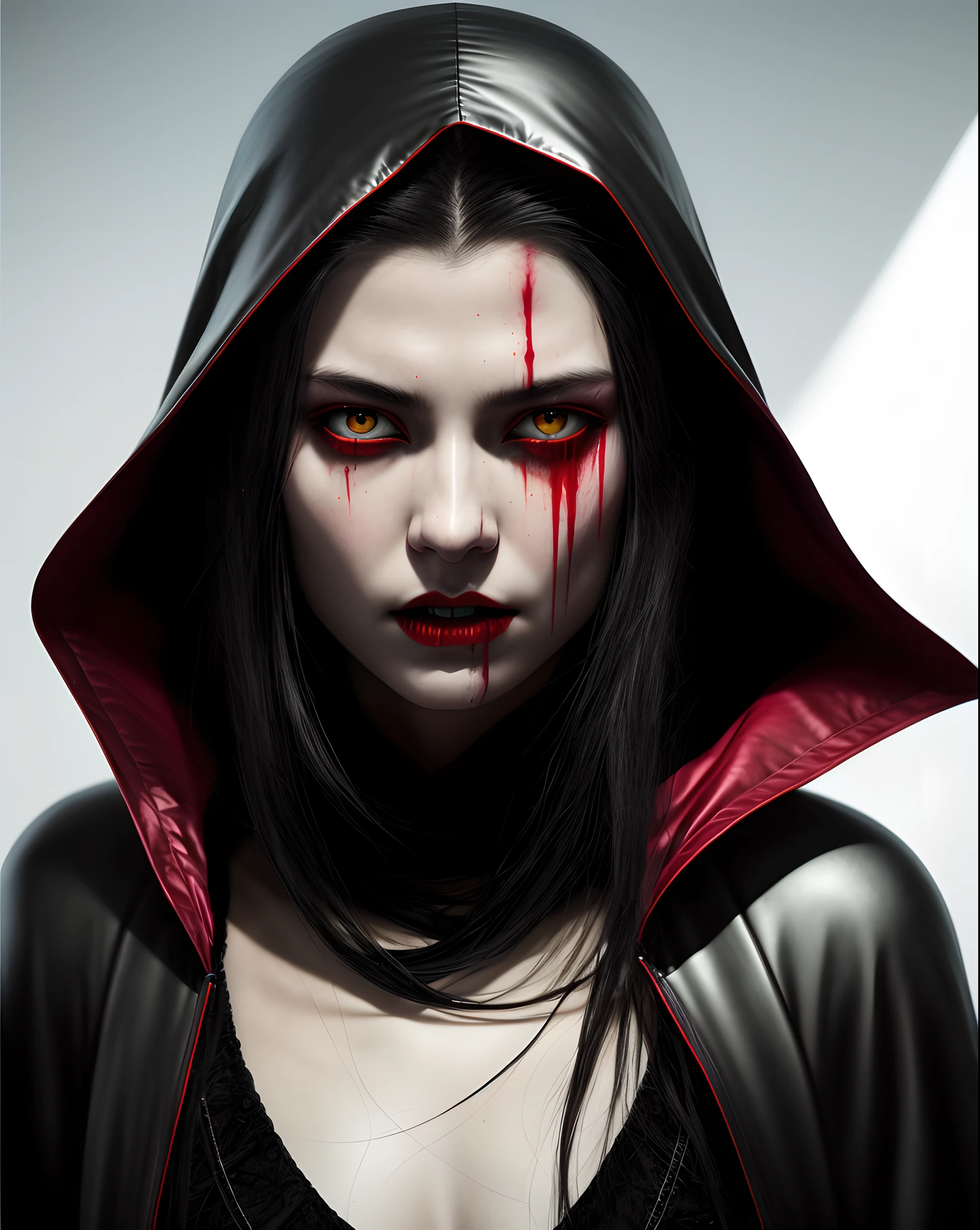 1 Female vampires,red eyes,Black hood,Cold,His mouth was covered in blood,Fang,Sharp fangs,VHS effect,(poster for:1.6),poster on wall,Nostalgia,filmposter,Western film(skin textures),intricately details,finely detailled,Hyper-detailing,Ray traching,sub surface scattering,diffused soft lighting,shallowdepthoffield,author:(Oliver Waite) CGSociety trends,复杂,high detal,Sharp focus,dramatics,The art of realist painting by Greg Rutkowski,Angelic holiness and perfect countenance,paleskin,The skin is as perfect as jade,The shadow of the winged demon can be seen behind him,The woman showed an icy smile,very cold smiley,The clothes were also stained with blood,In the background is a black medieval western castle in the distance,The clothes were stained with drops of blood
