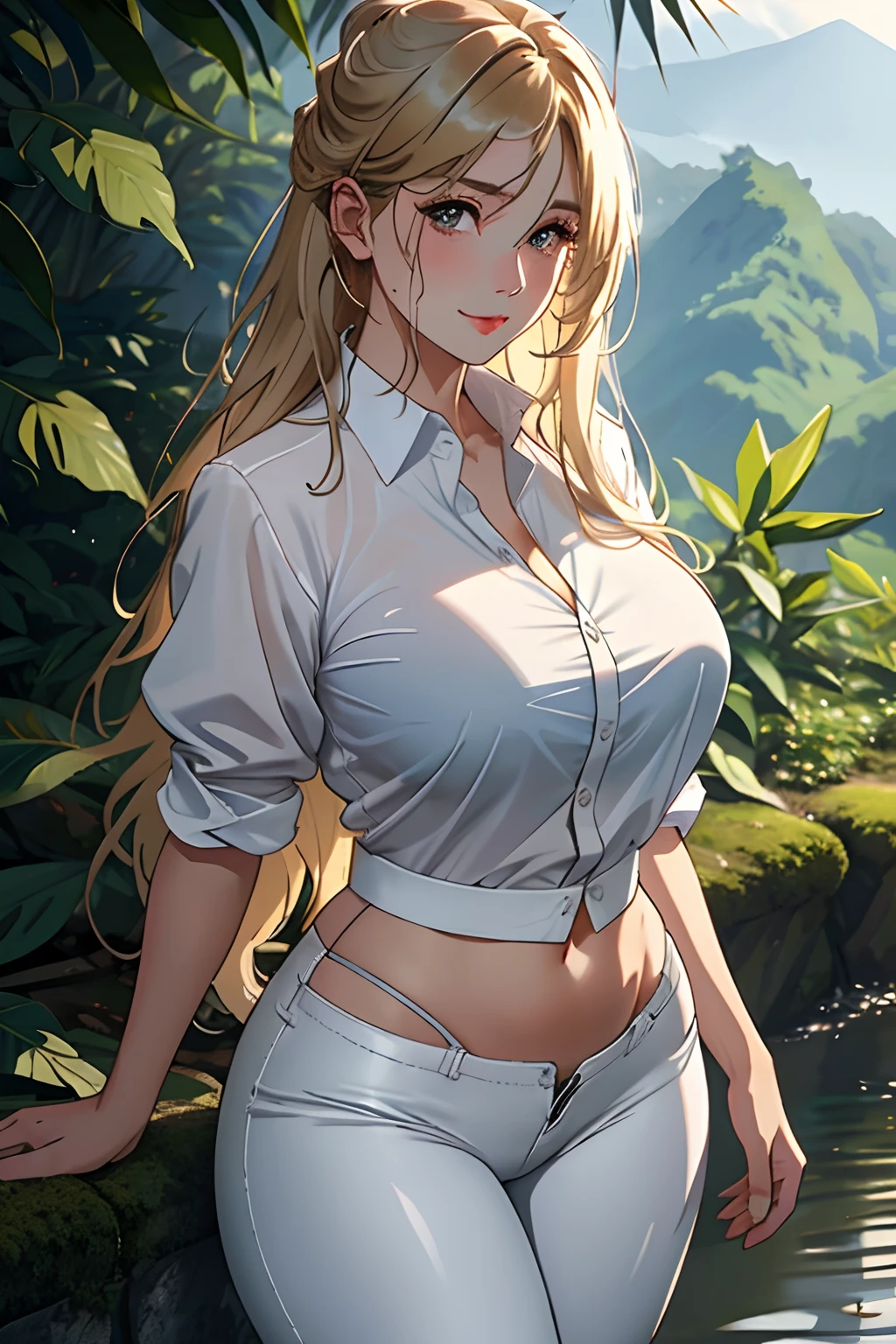 1female，35yo，huge-breasted，long leges，Pornographic exposure， 独奏，（Background with：hilltop，the rainforest，in summer，Standing water on the ground，exteriors） Feel free to hairstyle，Stride，Sweat profusely，drenched all over the body，seen from the front，Long blonde hair ， mostly cloudy sky，（（（tmasterpiece），（Very detailed CG unity 8K wallpaper），best qualtiy，cinmatic lighting，detailed back ground，beatiful detailed eyes，Bright pupils，（Very fine and beautiful），（Beautiful and detailed eye description），ultra - detailed，tmasterpiece，）），face to the viewer，frontage，A high resolution，ultra - detailed）nakeness，Wipe off panties，revealing breasts，Bare genitalia， Bulge，Camel toes，Raised sexy，Lewd expression，Flushed complexion，Open-mouthed，ssmile，cyber punk style，Long white hair, Long straight hair, Medium hair, Leather pants, Skinny brown leather pants, Sewing leather pants, White shirt, Ruffled white shirt, White deep-necked shirt, Loose fitting ruffled shirt, Thick thighs, Black pants, Princess, warrior, sword, outside, forest, Simple shirt, Strong gaze, scowling