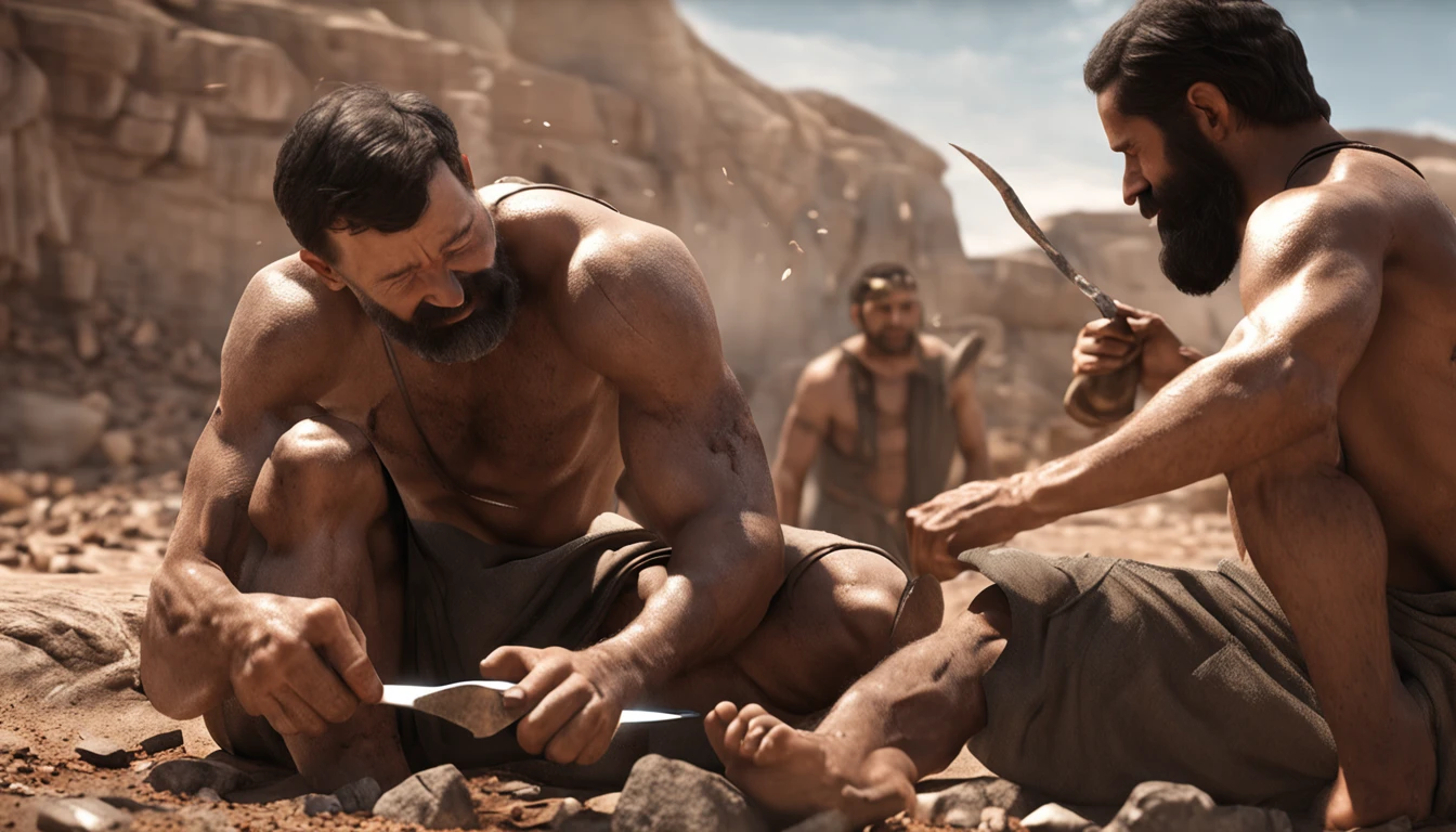 Realistic image of erectus and his son creating chipped stone blade, capturing their intricate movements and expressions.