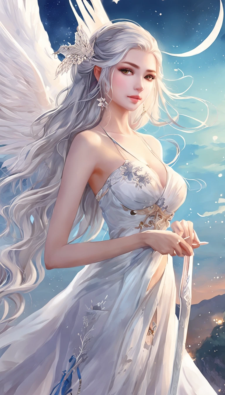 (best qualtiy，tmasterpiece), Beautiful  girl, Beautiful goddess, Sexy goddess, Sword Fairy, Royal Sword Flight, Floating in the air, white crane, The right hand, One shoulder, A long flowing dress, silber hair, Costume hair outfit,  Beautiful hair accessories, Detailed scenes, the night, starrysky, cold light, (in pink, white colors, cyan colors), ((from below)), ((full body)), ((realistic))