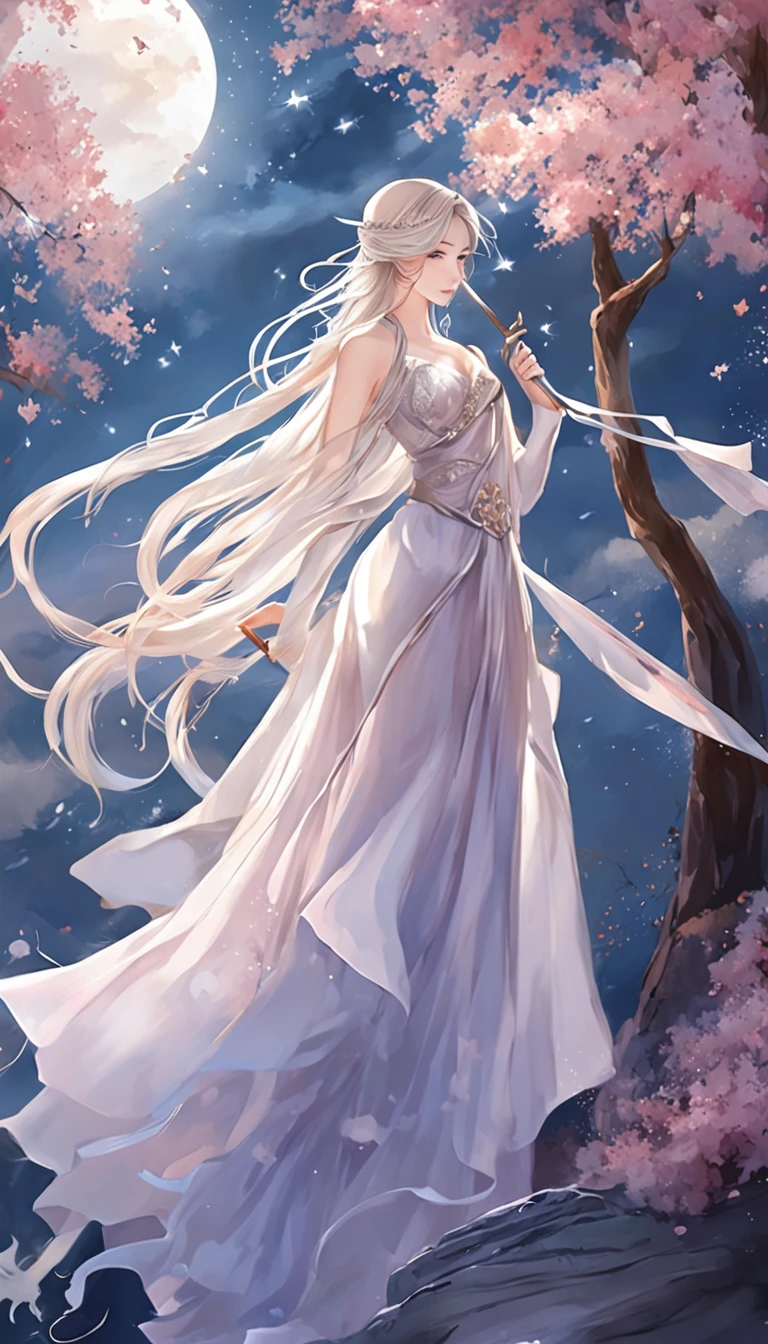 (best qualtiy,tmasterpiece), Beautiful teenage girl, Beautiful goddess, Sexy goddess, Sword Fairy, Royal Sword Flight, Floating in the air, white crane, The right hand, One shoulder, A long flowing dress, silber hair, Costume hair outfit, Beautiful hair accessories, Detailed scenes, the night, starrysky, cold light, (in pink, white colors, cyan colors), ((from below)), ((full body)), ((realistic))