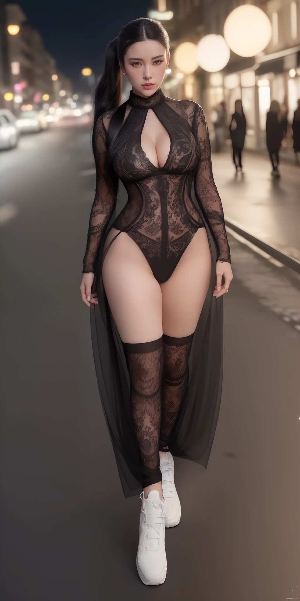 (full body shot)a East European woman, luminous design, masterpiece, best quality, extremely detailed 8k, ultra hd, ultra-detailed, highly detailed, highly realistic, (ultra-realistic), hyperrealistic, Real life style, (((top quality, masterpiece: 1.3)), (masterpiece), (best quality), (ultra-detailed), image of a beautiful girl with a very long black hair wearing a sexy very very see-through party dress and colorful high sneakers, walking on the street, (medium breasts, ponytail, hourglass figure)), (in a street with many luxurious shops, at night), ((very detailed texture and dust on street)) cinematic lighting, (full body shot), depth of field, ultra fine details, detailed clothing, detailed scenery, (perfect face, detailed face, detailed eyes) (cinematic:1.5)(Top Quality, 8k, 32k, Masterpiece, UHD: 1.3)