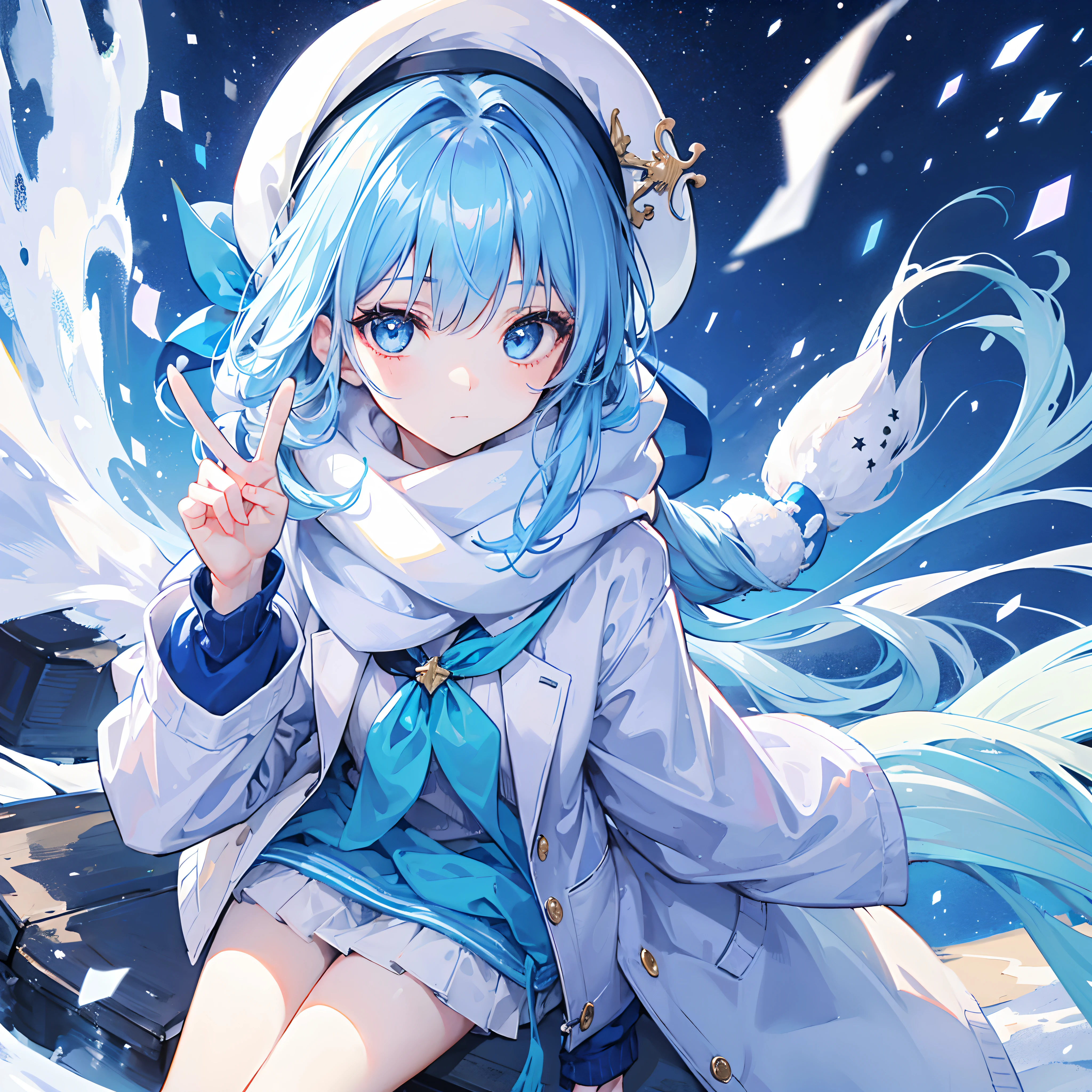 1girl,light blue hair,blue eyes,hair ribbon,blue scarf,beret,sweater,winter,looking at viewer,peace sign