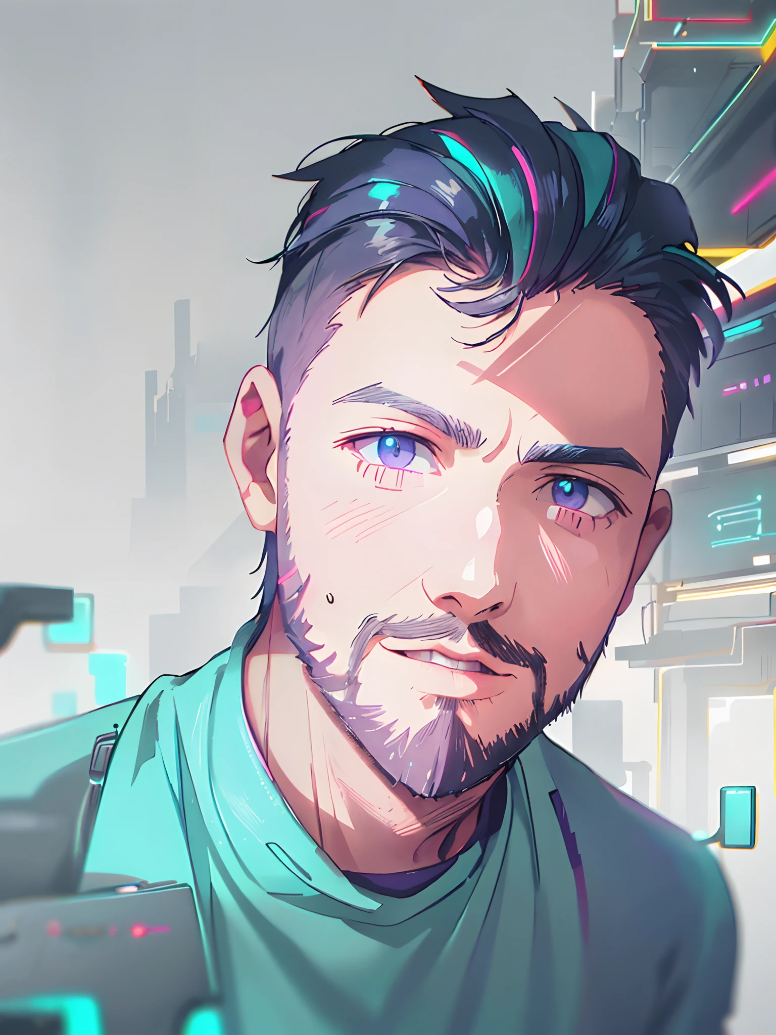 there is a man with a beard and a blue shirt,,(Masterpiece), (best detail), (Best quality),castle, manor((2d anime)), ,colorful, cyberpunk, neon, beautiful lights, purple reflections, cyberpunk, neon, neon lights, night, moon,Young and good-looking,happy,(cyberpunk dressing)((background is cyberpunk city)))(technological elements)