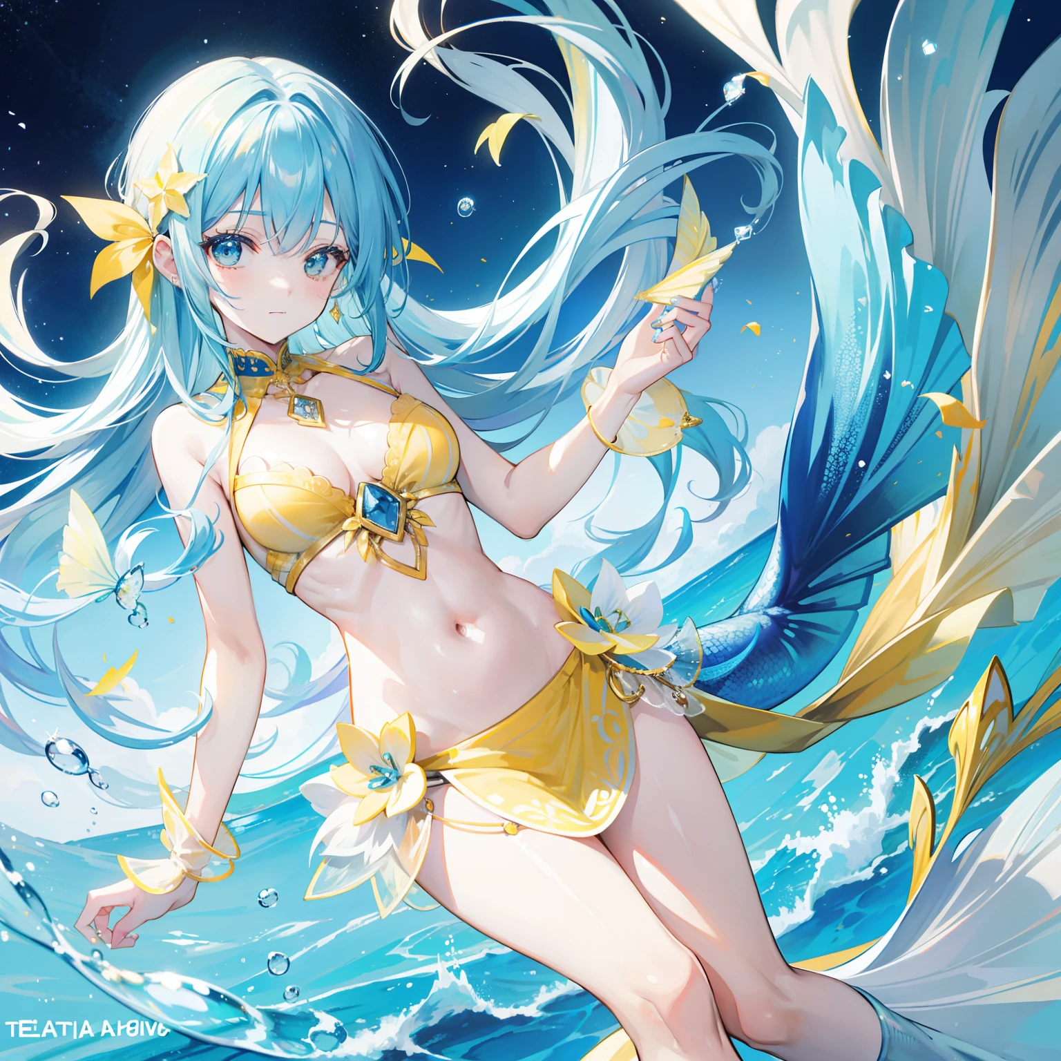 Yellow-blue hair,The yellow and blue clothes are embellished with silver jewelry,It's a cute mermaid beautiful girl