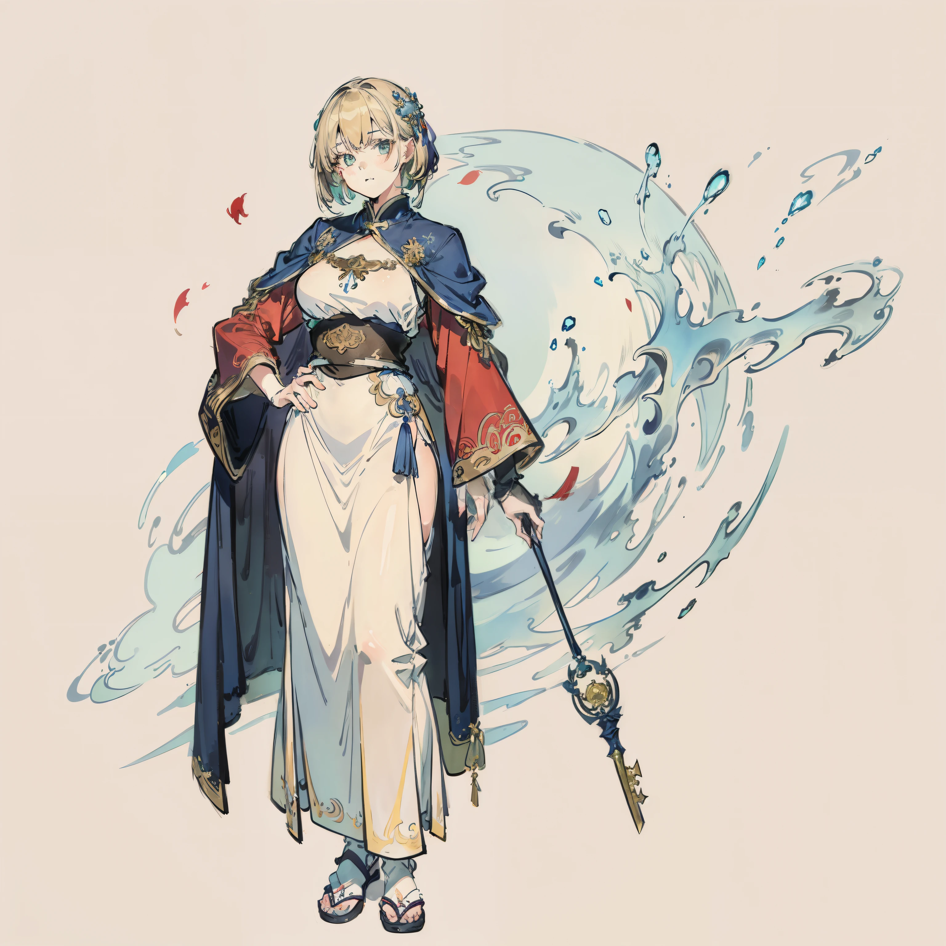 a woman in a white dress and a blue cape is standing, cushart krenz key art feminine, anime goddess, pixiv, pretty female cleric, digital art on pixiv, pixiv style, wlop rossdraws, alphonse mucha and rossdraws, guweiz, top rated on pixiv, rossdraws sakimimichan, ash blonde, green eyes, bob hair