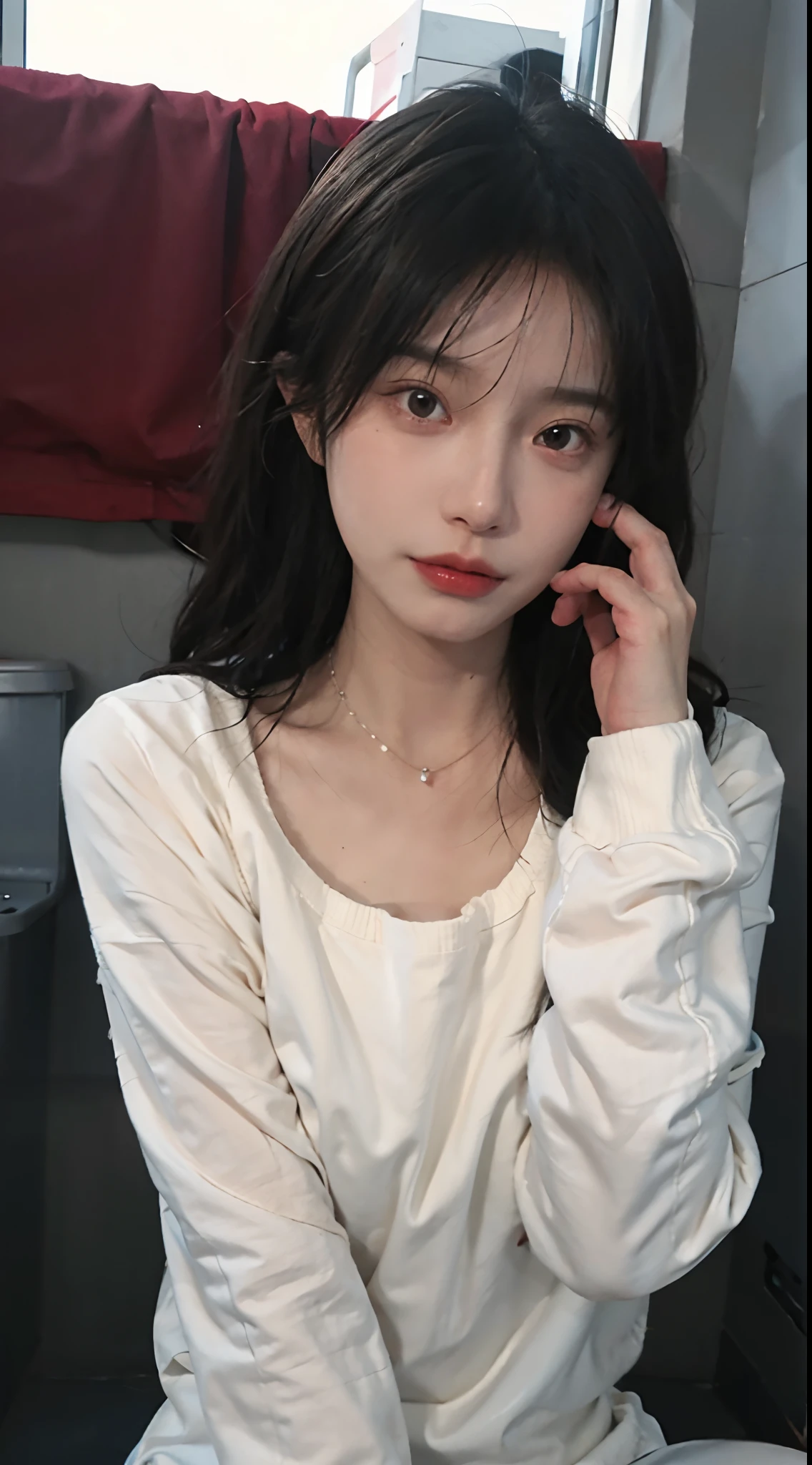 best qualtiy， 超高分辨率， （realisticlying：1.4），Baoyu Girl，lipsticks，1girll, ,Cropped red sweater，a sense of atmosphere，Beautiful woman with a slim figure:1.4, Abs:1.1,   Toilets,Ultra-fine face，Elaborate Eyes，二重まぶた，choker necklace