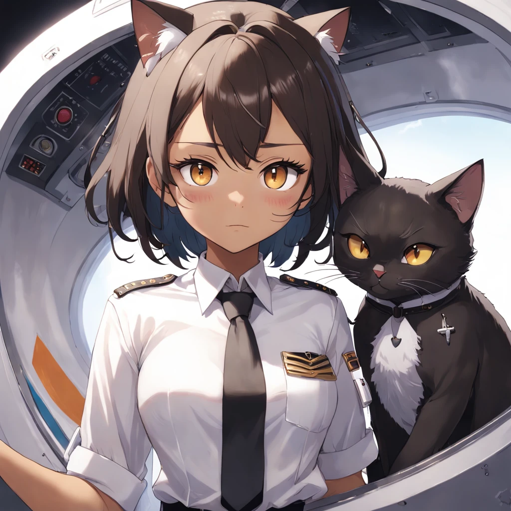 1girl, short black bob hair, yellow eyes, Round glasses, tan skin,dark skin ,BROWN SKIN, SHE HAS LIGHT BROWN SKIN, petite body, wearing plain white formal work shirt, wearing long black pants, business tie, absurdres, high res, ultrasharp, 8k, masterpiece, looking at viewer, cat ears, airline pilot uniform, airline pilot hat, white background, short sleeve, bangs, flat chest, whiskers, androgynous, she has cat ears on her head, she has cat teeth, cloudy background, holding pet black cat