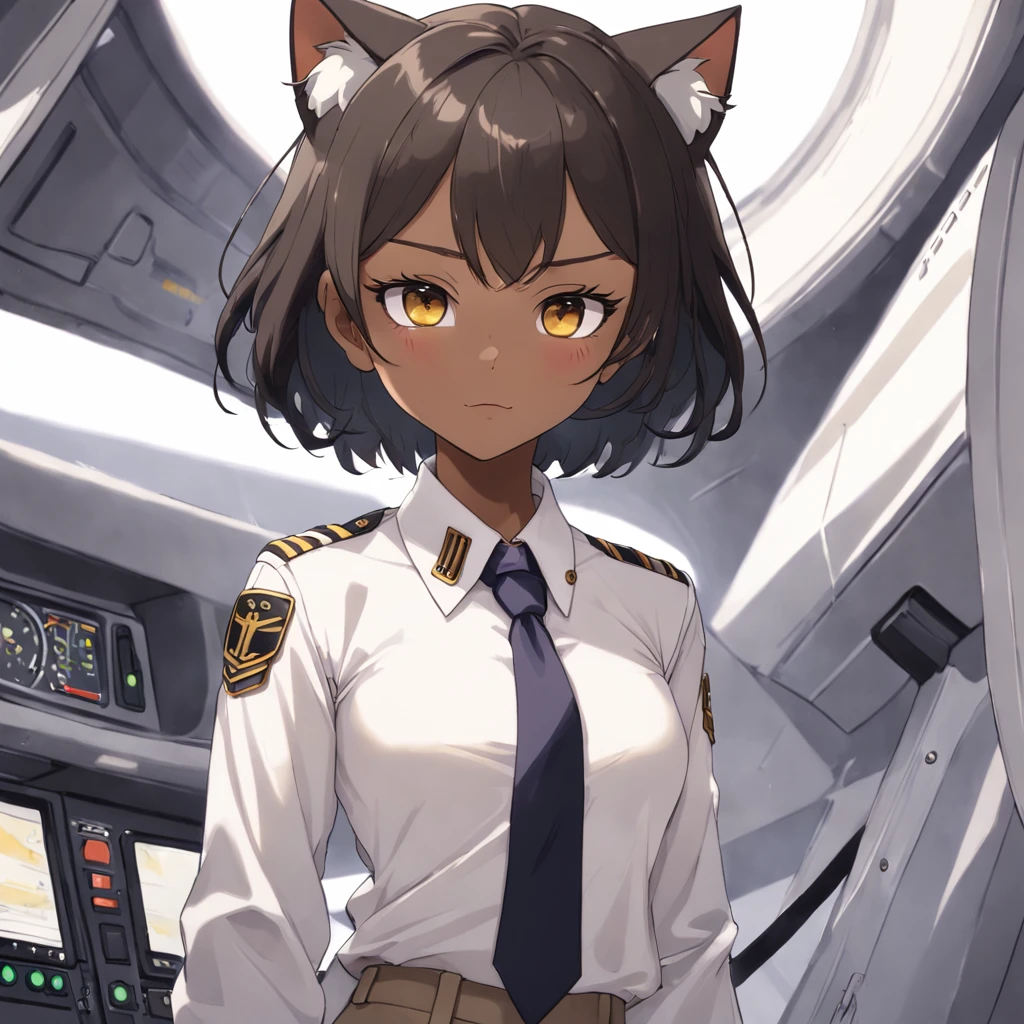 1girl, short black bob hair, yellow eyes, Round glasses, tan skin,dark skin ,BROWN SKIN, SHE HAS LIGHT BROWN SKIN, petite body, wearing plain white formal work shirt, wearing long black pants, business tie, absurdres, high res, ultrasharp, 8k, masterpiece, looking at viewer, cat ears, airline pilot uniform, airline pilot hat, white background, short sleeve, bangs, flat chest, whiskers, androgynous, she has cat ears on her head, she has cat teeth, cloudy background, holding pet black cat
