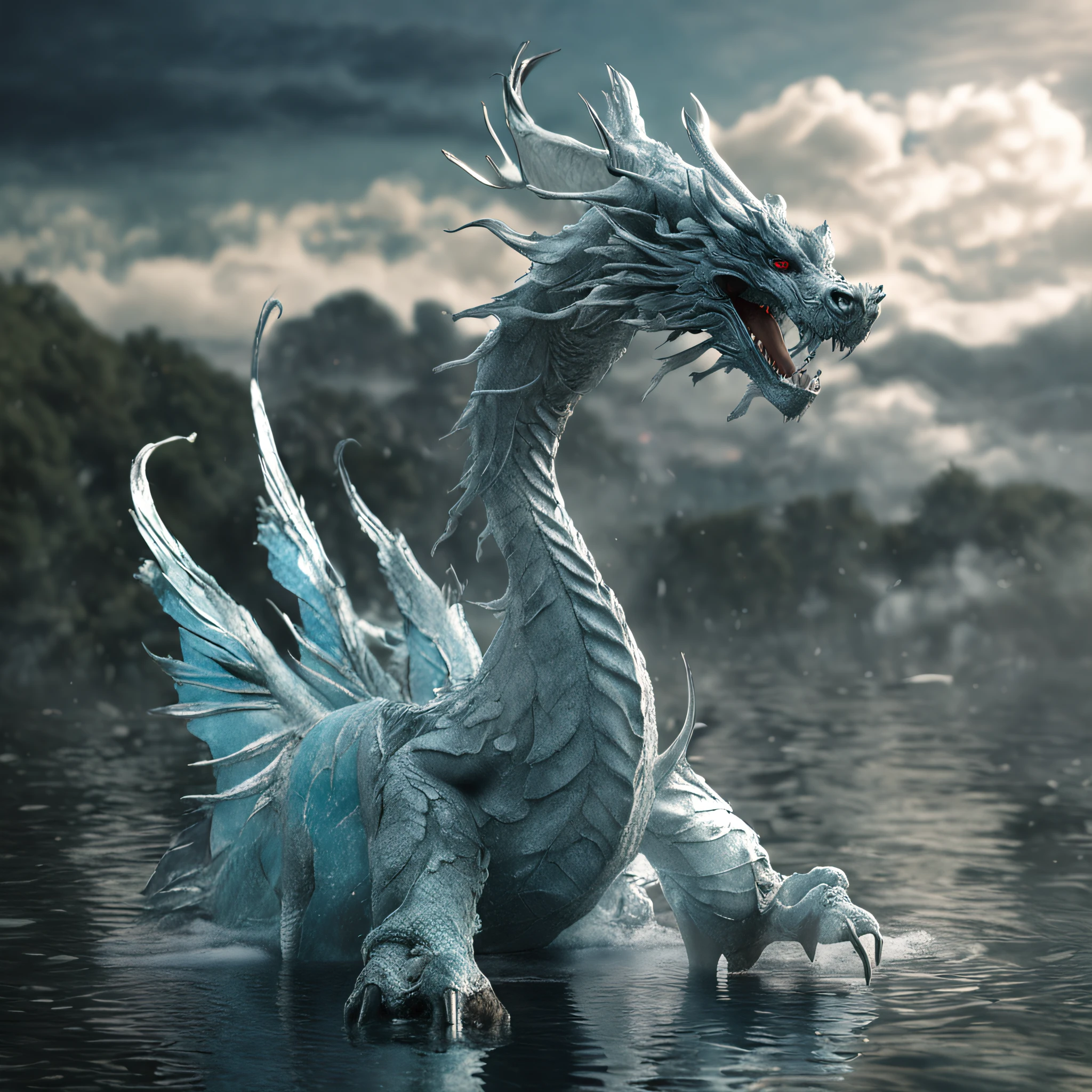 (close up, aerial view)1white dragon, lake and water, Best quality, Masterpiece, 超高分辨率, (photograph realistic:1.4), surrealism, Dream-like,fusionart, Shadowdancer, shadow magic, darkness control, stealth, shadowstep, umbral spells, hidden blade,