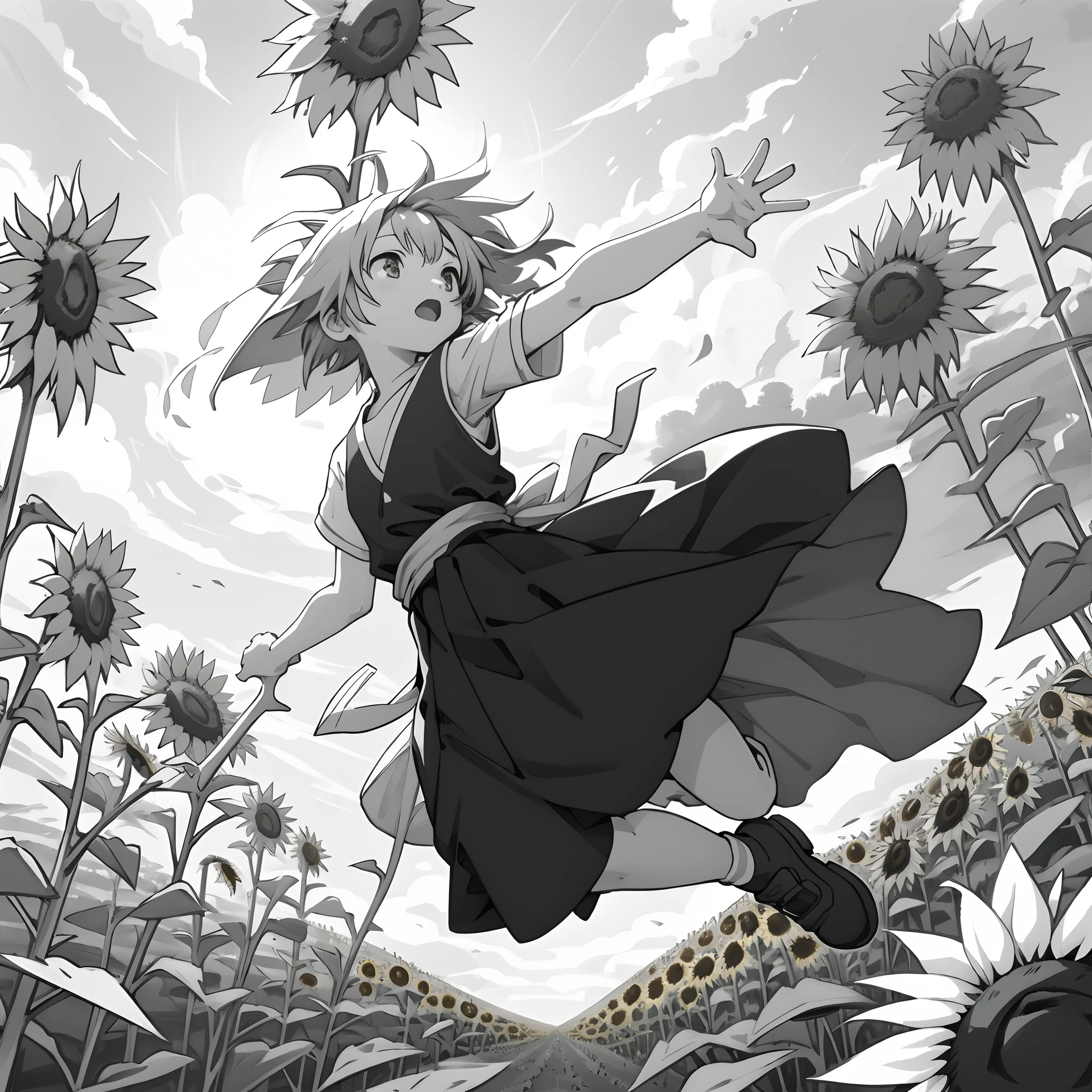 anime girl jumping joyfull(yellow sunflower field)fantasy art, grayscale phtoto, beautiful anime art style, high quality anime art, high quality anime artstyle, at pixiv, dynamic angle,