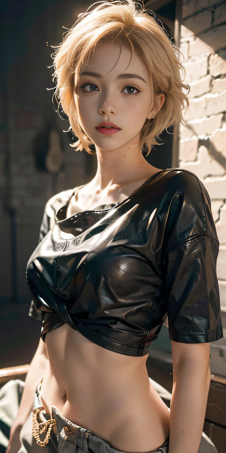 a 20 yo woman, blonde, (hi-top fade:1.3), dark theme, soothing tones, muted colors, high contrast, (natural skin texture, hyperrealism, soft light, sharp)