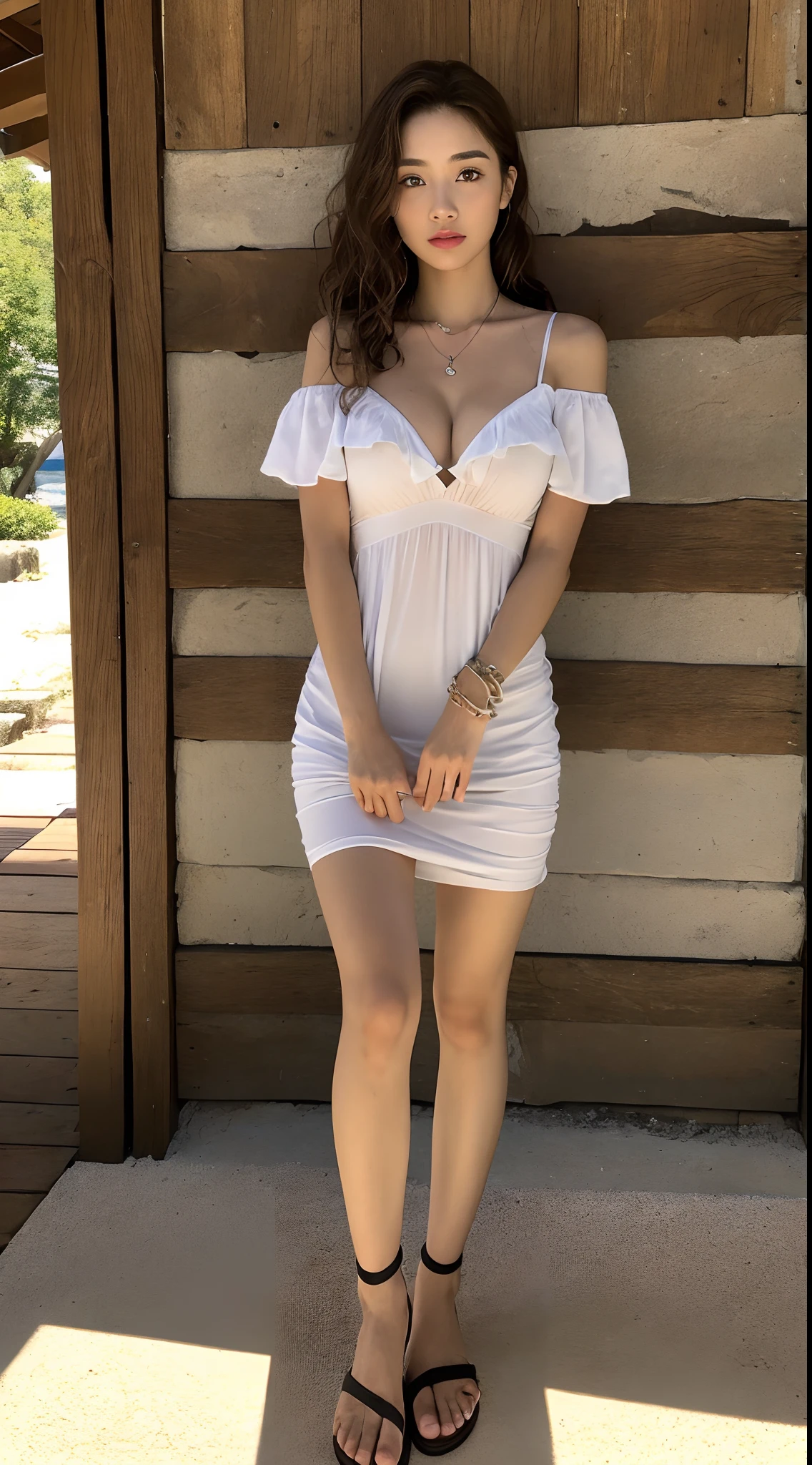 ((Realistic lighting、top-quality、8K、masterpiece:1.3))、Clear focus:1.2、1girl in、perfectbodybeauty:1.4、Slim abs:1.1、(outside of house、during daytime:1.1)、Resort、Ultra Fine Face、Fine Eye、二重まぶた、curlyhair、Sunburned skin、small tits、tiny chest、Model body type、Sexy Summer Dresses、a necklace、A bracelet、耳Nipple Ring、sandal、beauty legs、Natural Model Pose、Small cleavage、off shoulders、Standing、clong legs