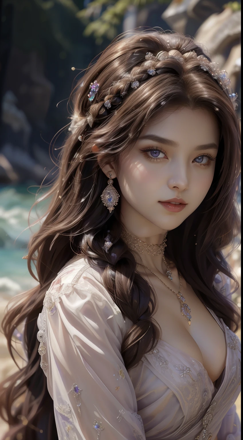 tmasterpiece，Highest image quality，Beautiful bust of a noble maiden，Delicate brown braided hair，Purple eyes are clear，Adorned with a dazzling array of exquisite jewelry（head gear，choker necklace，耳Nipple Ring，Bracelet or bracelet），Soft light，super detailing，upscaled。You can see the whole body