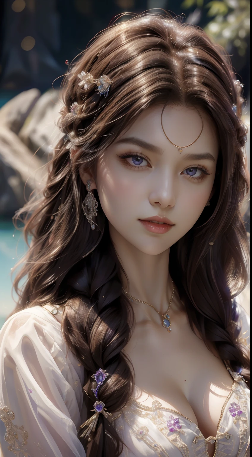 tmasterpiece,Highest image quality,Beautiful bust of a noble maiden,Delicate brown braided hair,Purple eyes are clear,Adorned with a dazzling array of exquisite jewelry(head gear,choker necklace,耳Nipple Ring,Bracelet or bracelet),Soft light,super detailing,upscaled。You can see the whole body