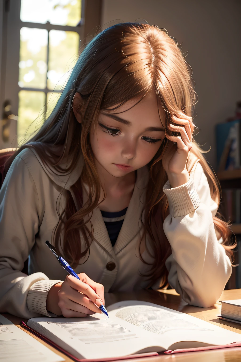 High school girls,Face away from the camera,Writing an assignment,The light is gentle,dishiveredhair,Realiy