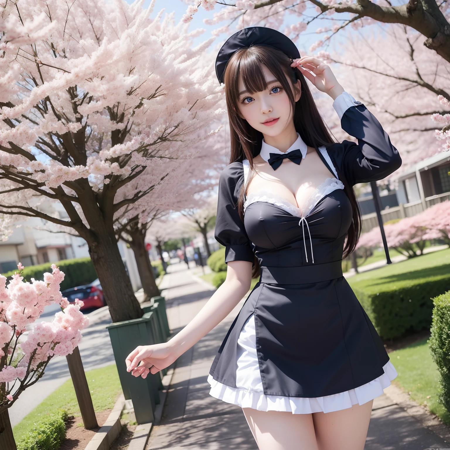 Maid costume、Katyusha、a miniskirt、shot from a low-angle、Colossal tits、No panties、no-bra、No panties、sensual breasts、Hi-Res、Shaded face、独奏、Blue eyes、A slight smil、A path lined with flourishing cherry blossom trees