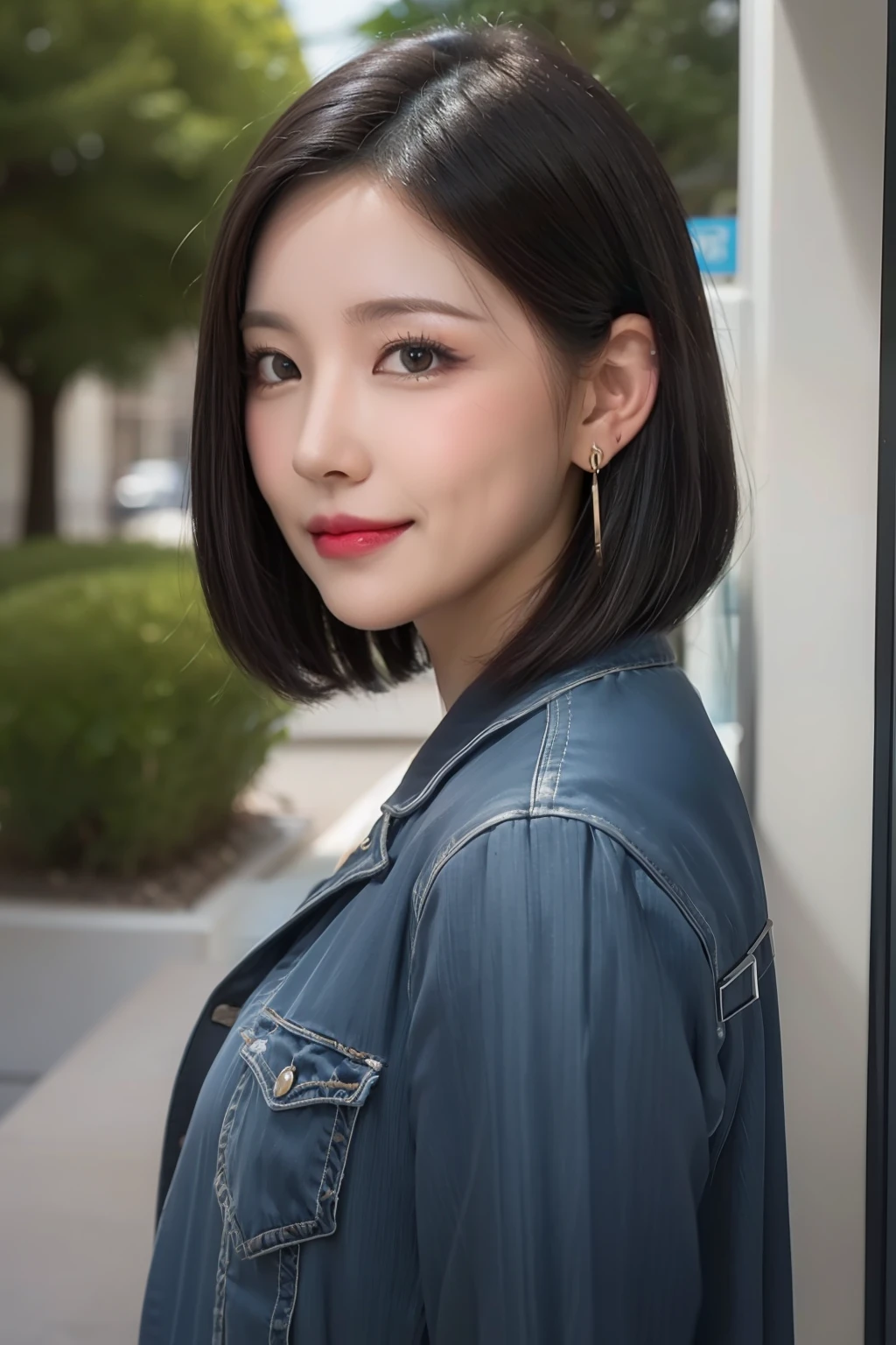 ((1 girl)), Black hair, longeyelashes, Solid Circle Eyes, lightsmile, Cute earrings, lightsmile, Shy, puckered lips, surrealism, drop shadow, stereograms, depth of fields, One-person viewpoint, 8K, Super Detail, Best Quality, hight resolution, short cut hair