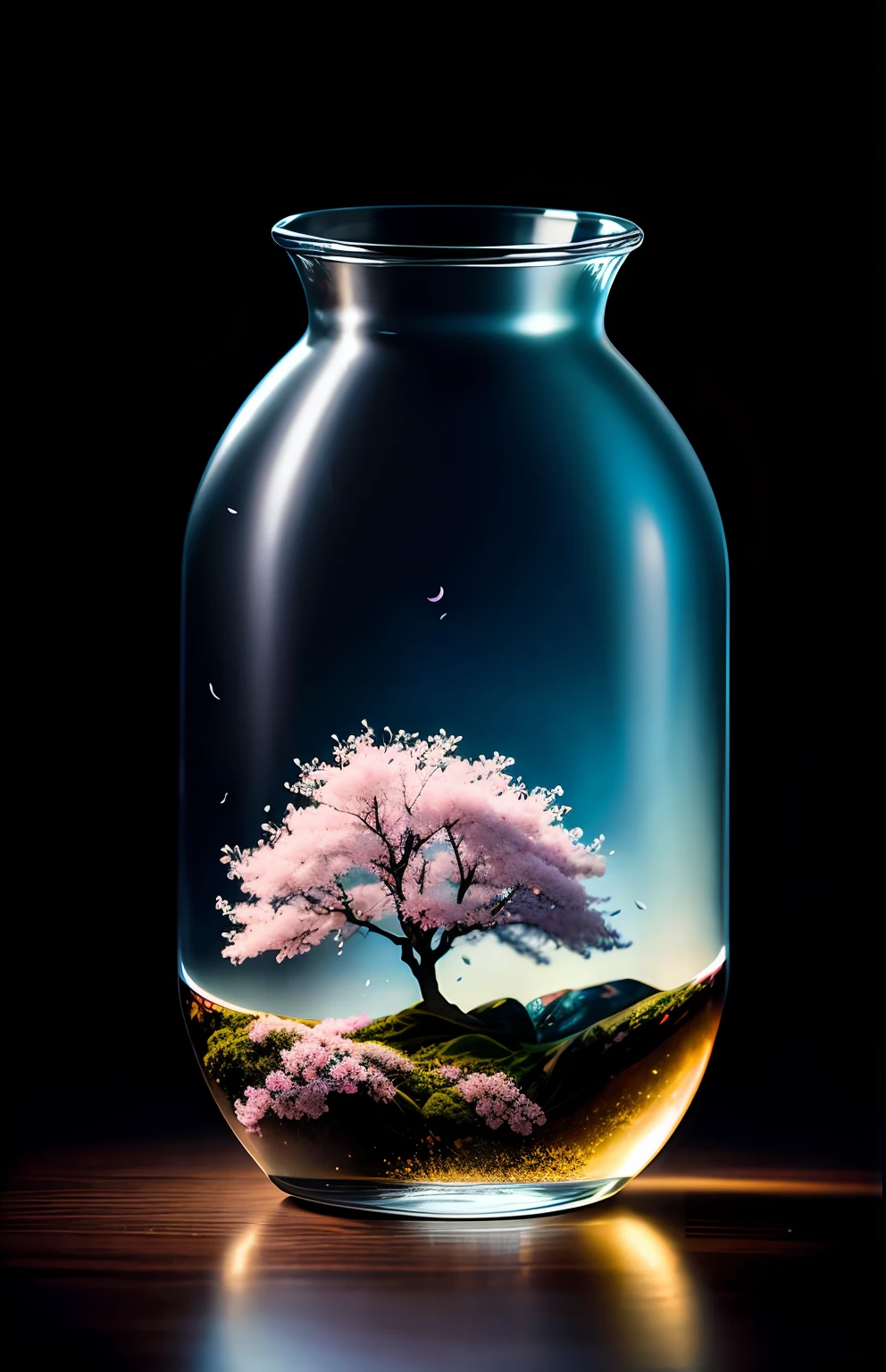 sakura tree in a bottle, fluffy, realistic, atmospheric light refraction, by lee jeffries nikon d850 film stock photograph 4 kodak portra 400 camera f1.6 lens rich colors hyper realistic lifelike texture dramatic lighting unreal engine trending on artstation cinestill 800, Style-Glass