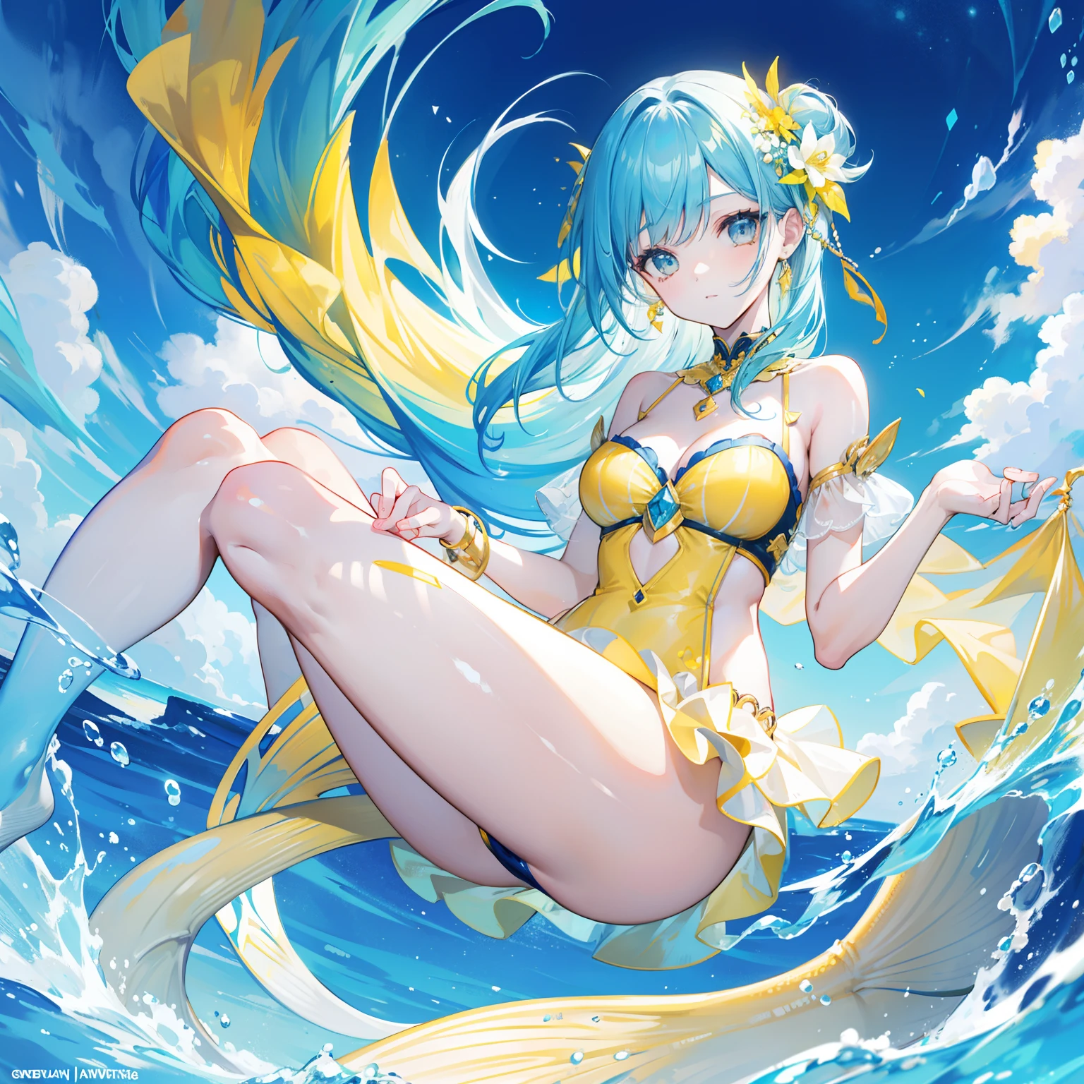 Yellow-blue hair，The yellow and blue clothes are embellished with silver jewelry，It's a cute mermaid beautiful girl