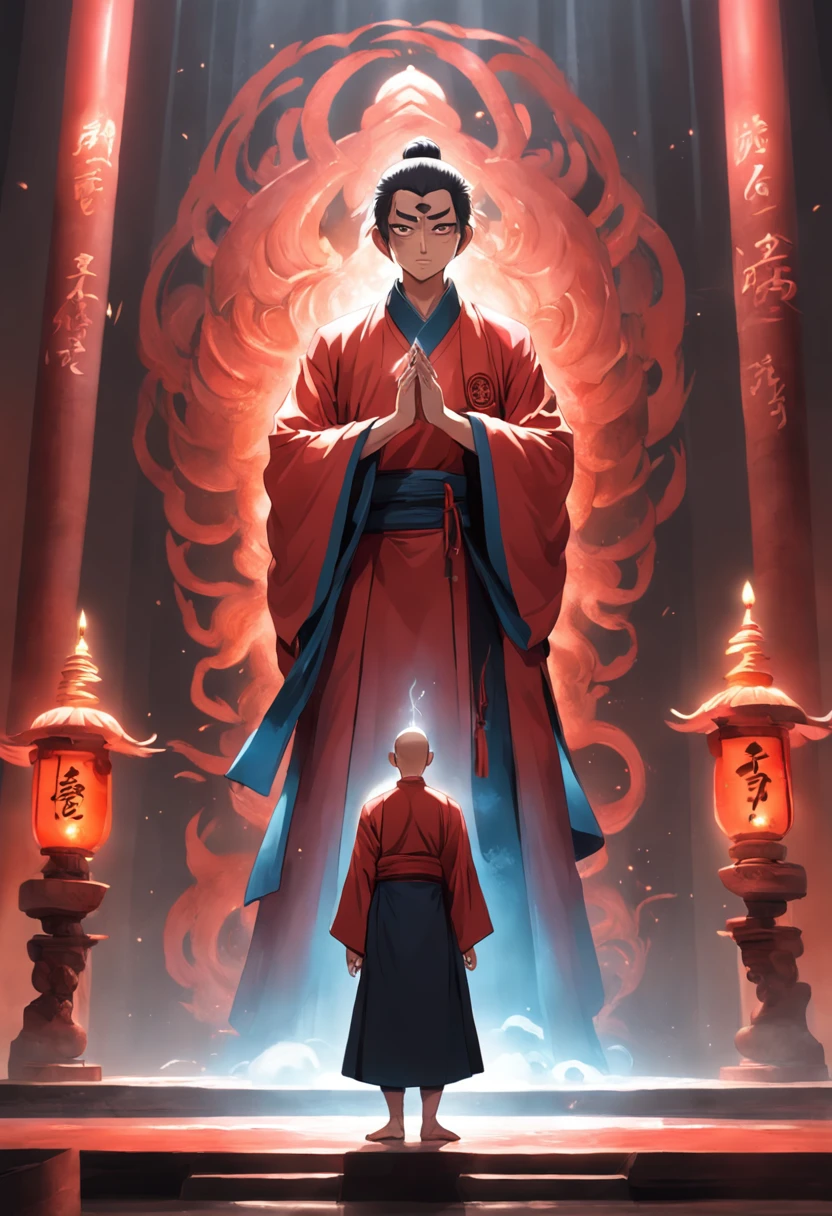 A small Taoist priest stands in front of a transparent red Buddha statue,Stretch your hands,Glow effects,Dingdall effect,depth of fields,high light,Real light,Ray traching,oc rendered,Hyper-realistic,best qualtiy,8K,Works of masters,super-fine,Detailed pubic hair,Correct anatomy,sharp focus on eyes,Bokeh,Facial features are carefully depicted