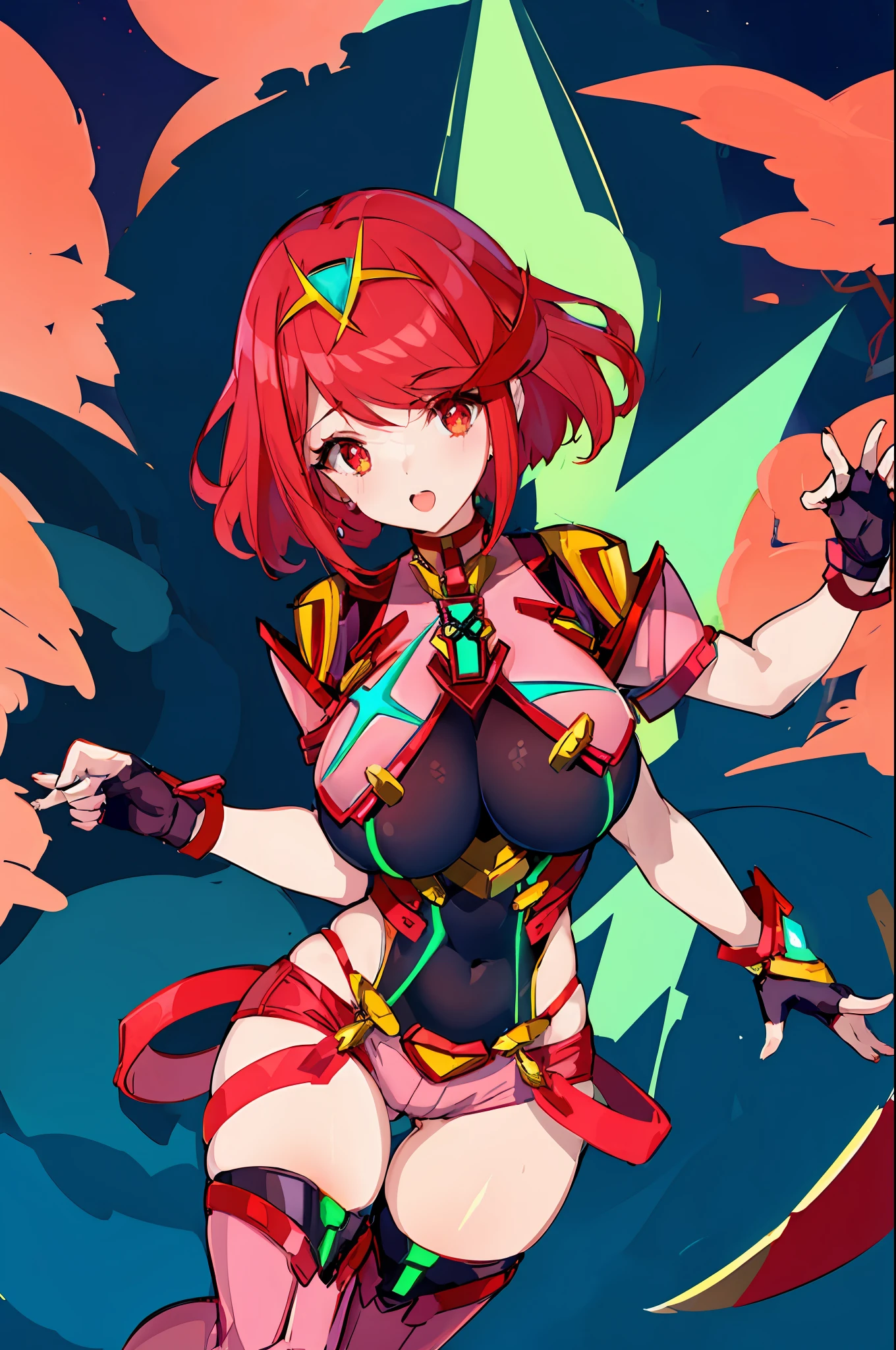 pyra \(xenoblade\), _1girl, lolimor, bangs, black gloves, breasts, red eyes, closed mouth, earrings, eyelashes, fingerless gloves, floating hair, framed breasts, gem, gloves, hair ornament, headpiece, jewelry, big_breasts, leaning back, leotard, neon trim, official art, pose, red hair, red shorts, saitou masatsugu, short hair, short shorts, short sleeves, shorts, sidelocks, skin tight, solo, standing, swept bangs, thighhighs, tiara, night_prairie_background, turtleneck, underbust, vambraces, xenoblade chronicles \(series\), (xenoblade chronicles 2), apart_legs, fire_effect,dynamic_pose,fighting,light_smile, (plump:1.1), big_ass,huge_sword, hold_large_sword_hilt, solo, covered_nipples, covered_pussy,open_mouth,back_view, fists,