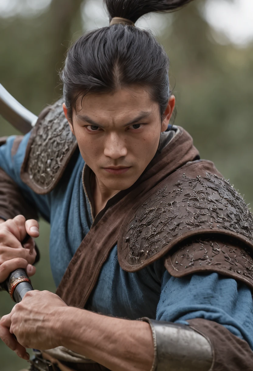 A reloaded swordsman，Super thick armor wraps around the entire body，A giant sword with both hands on the ground，The blue spinning sword qi overflowed，，Blood，depth of fields，dynamic blur，high light，Real light，Ray traching，oc rendered，Hyper-realistic，best qualtiy，8K，Works of masters，super-fine，Detailed pubic hair，Correct anatomy，sharp focus on eyes，Bokeh，Facial features are carefully depicted