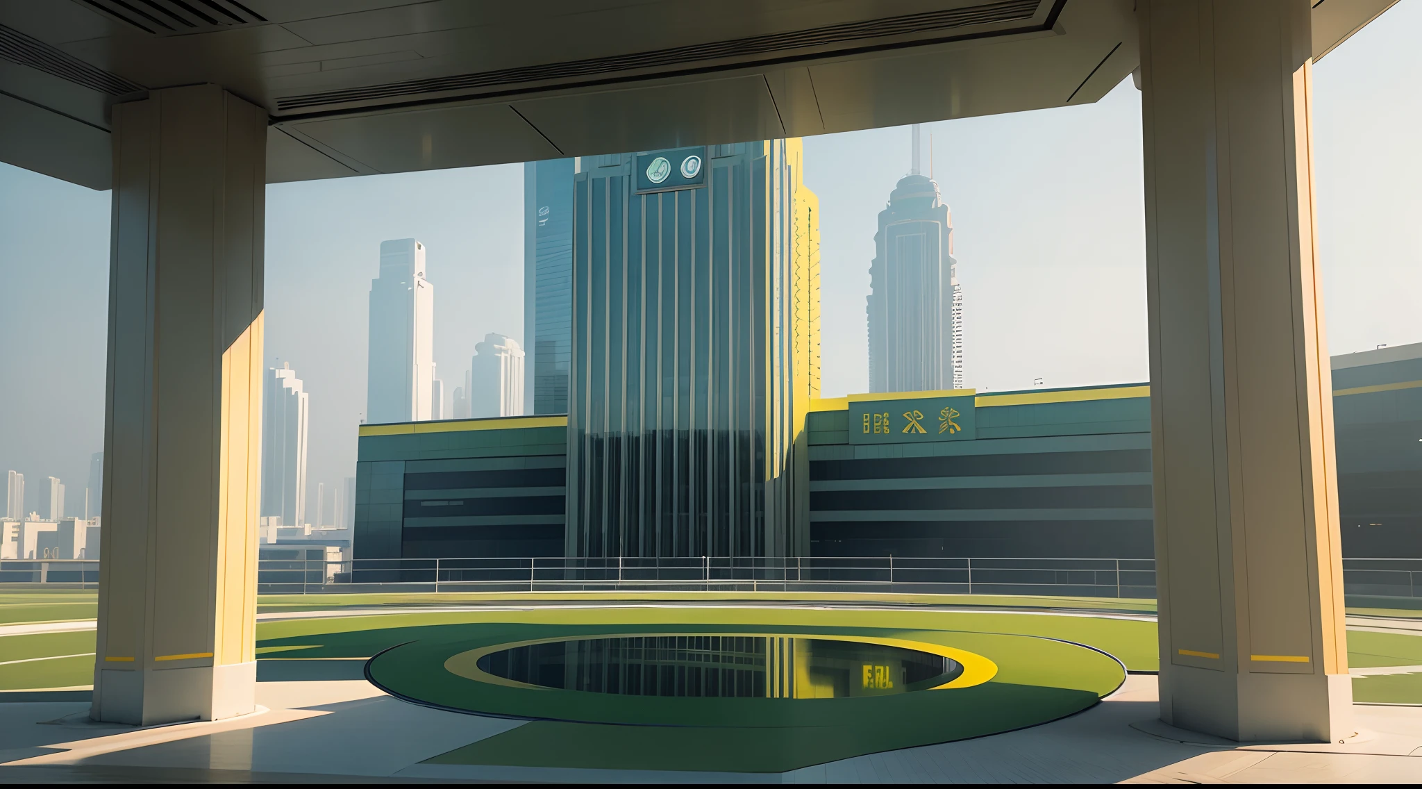 Allafard green and yellow signs on the top of the building，helipad，gigantic landing pad，Healthcare，hospitals，loopy，Incredible masterpiece，wonderful masterpiece，BC future airport roof on landing mat，A masterpiece of art，Great masterpiece，Square，Beautiful masterpiece，a green，very high resolution。 --auto