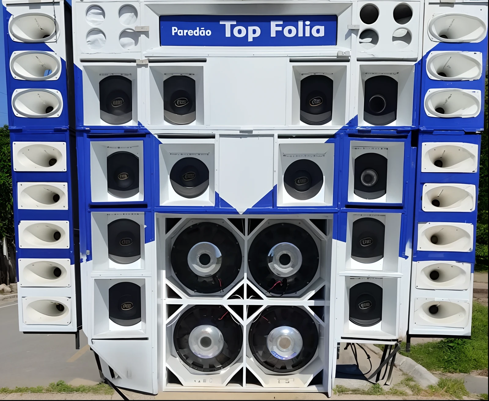 There's a big speaker truck with a bunch of speakers in it, hi fi maciço system of 7 0 s, alto-falantes enormes, muitos palestrantes, alto-falantes gigantes, 7 0 s sistema hi fi, 1 6 x 1 6, Mais acessados, audio equipments, Palestrantes de palco, dispositivo completo, Audiophile, Casas de futurismo, pareidolia, t-topo, Frente cheia