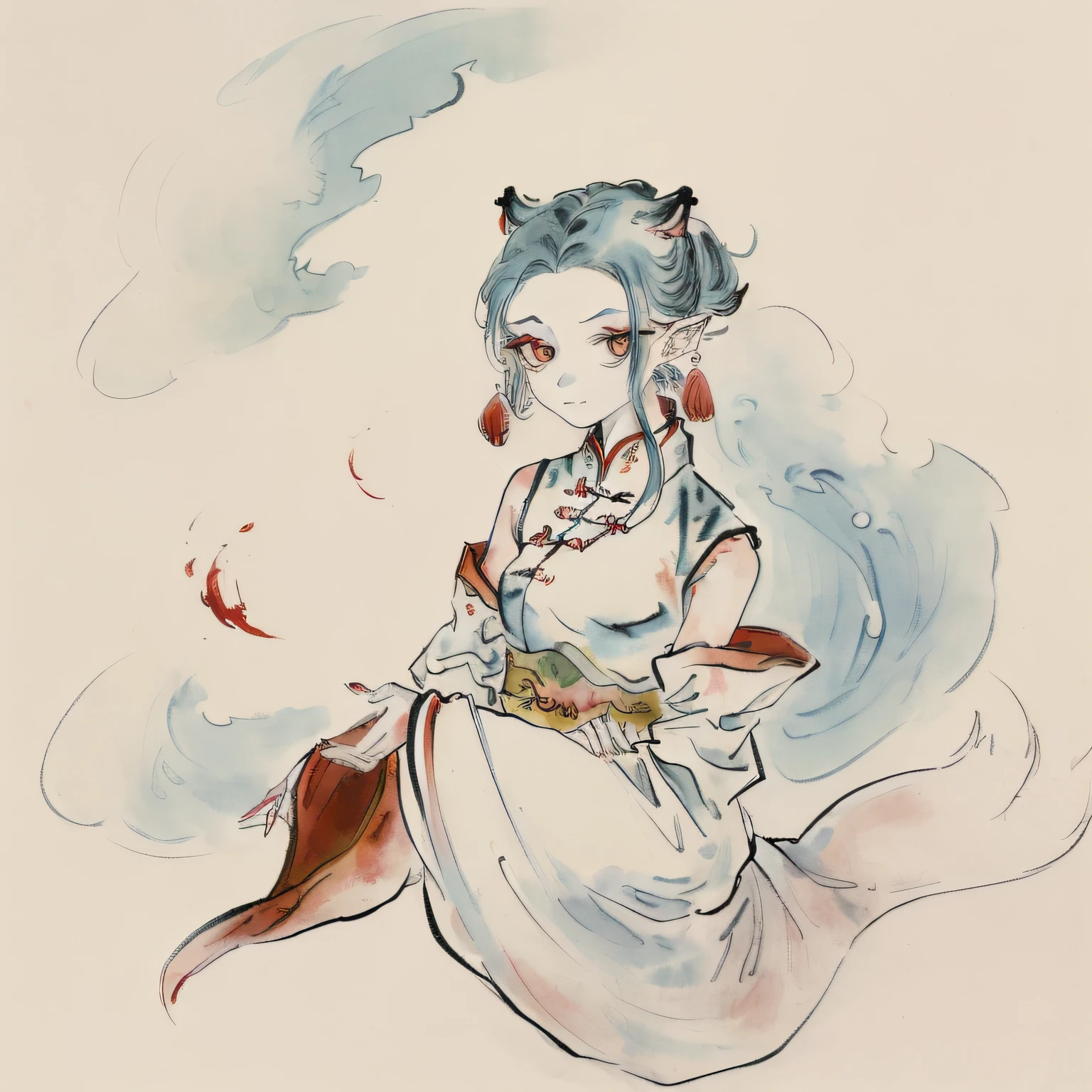 colorful painting, ((chinese colorful ink)), (((Chinese color ink painting style))), (((masterpiece))), (((best quality))),((Ultra-detailed, very precise detailed)),
(((a charming Chinese girl,1girl,solo,delicate beautiful face))), (Floating),(illustration),(Amazing),(Absurd),((sharp focus)), ((extremely detailed)), ((high saturation)), (surrounded by color ink splashes),((extremely detailed body)),((colorful))
It can be changed to another animal, such as a tiger(white tiger),drak(chinese dragon)or something like that,But unstable,Resolution 512×512 The rendering quality is good,But pulling up sometimes has surprises
Blue is the more important color ink,If you want to experiment with style, try adding a plus
The inside of the green color can be replaced with fire or water for surprises,Of course, you can change to another one, but I haven't tried it
Some recommend adding tags:
Clouds colorful ink cloud,
Oriental Chinese mythological architecture,(DDIM is available)
Chinese clothing and hidden hands
(((full body but Arms in sleeves))), ((Red traditional Chinese ethnic gown))
Zombie Girl:
(((little girl, solo, Jiangshi girl, Chinese vampire, canines,1girl,delicate beautiful face, Chinese Charms on the forehead )))