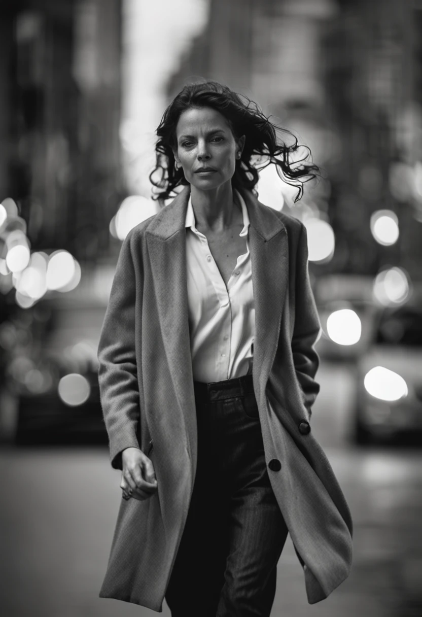 woman walking down a city street with a blurry background, inspired by Peter Lindbergh, street pic, inspired by Peter Basch, blurry focus, in city street, unfocused, blurry photography, black and white photo, black and white picture, realistic portrait photography, blurry, 50 mm lens photo portrait, blurry face, portrait black and white