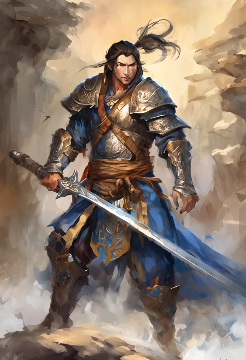 A reloaded swordsman，Super thick armor wraps around the entire body，A giant sword with both hands on the ground，The blue spinning sword qi overflowed，，Blood，depth of fields，dynamic blur，high light，Real light，Ray traching，oc rendered，Hyper-realistic，best qualtiy，8K，Works of masters，super-fine，Detailed pubic hair，Correct anatomy，sharp focus on eyes，Bokeh，Facial features are carefully depicted