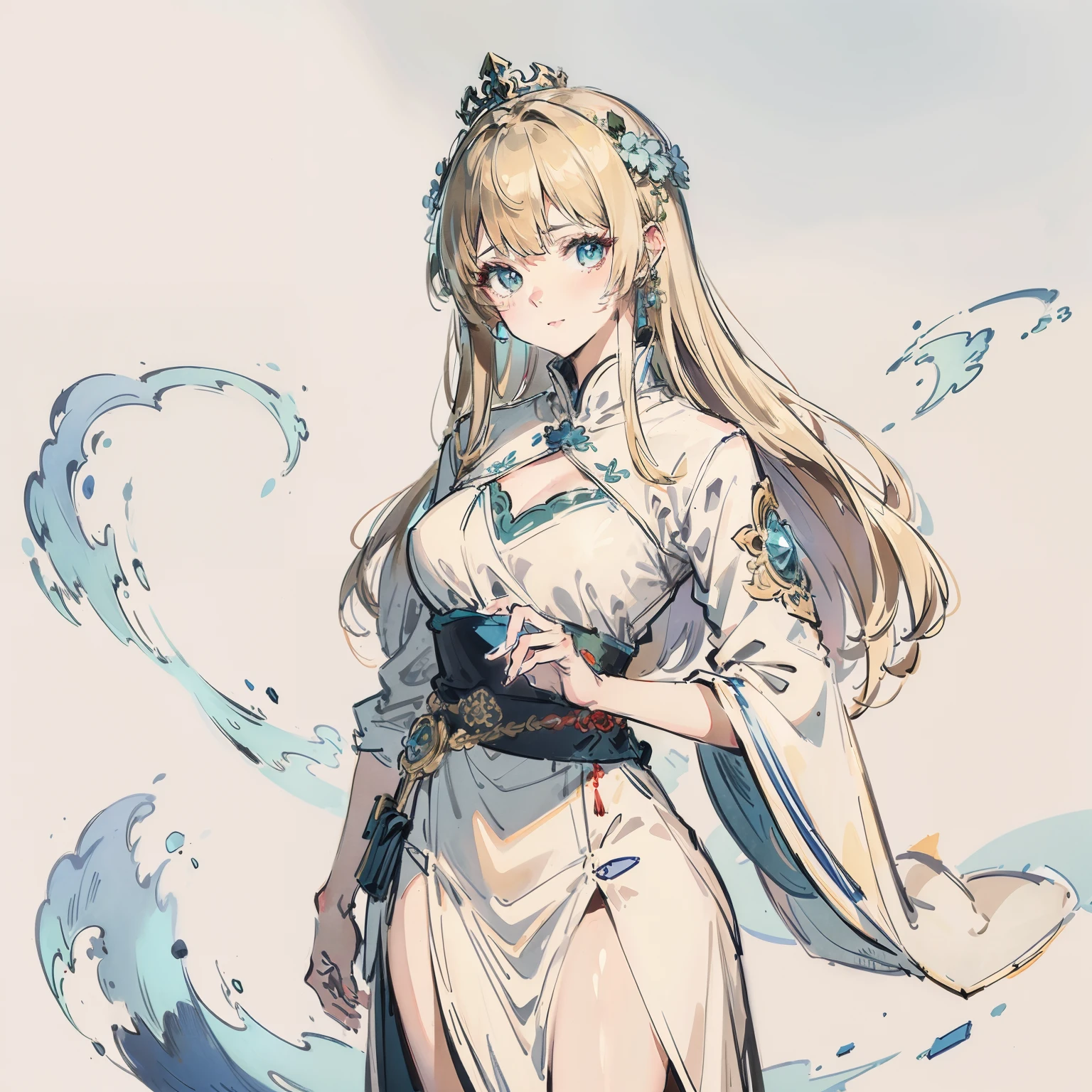 a woman in a white dress and a blue cape is standing, cushart krenz key art feminine, anime goddess, pixiv, pretty female cleric, digital art on pixiv, pixiv style, wlop rossdraws, alphonse mucha and rossdraws, guweiz, top rated on pixiv, rossdraws sakimimichan, ash blonde, green eyes, sun goddess, crown