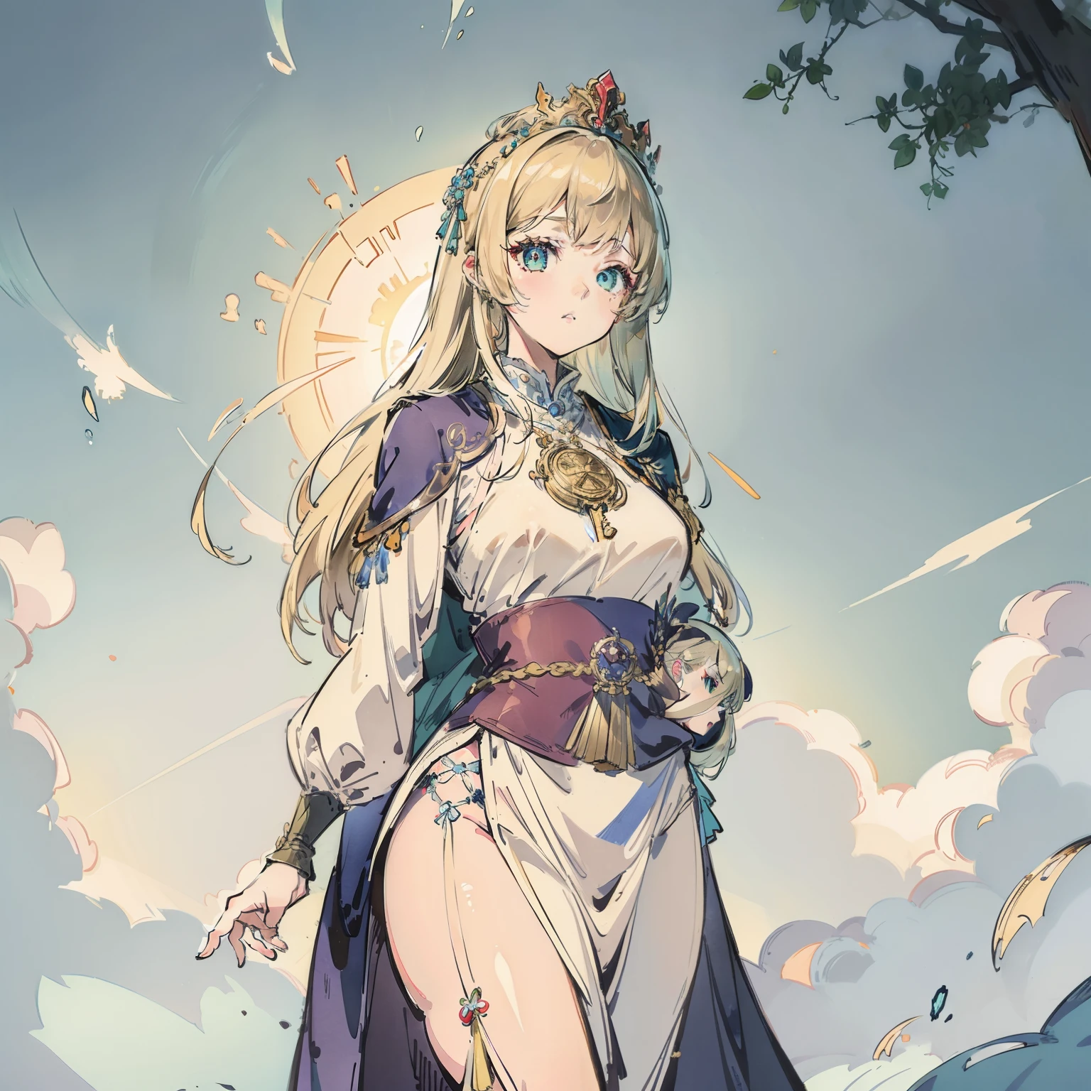 a woman in a white dress and a blue cape is standing, cushart krenz key art feminine, anime goddess, pixiv, pretty female cleric, digital art on pixiv, pixiv style, wlop rossdraws, alphonse mucha and rossdraws, guweiz, top rated on pixiv, rossdraws sakimimichan, ash blonde, green eyes, sun goddess, crown
