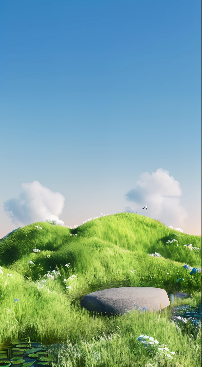 Meadow hills,There is a pond and a white round platform in the middle, background environment. 8 k'', grassy hill, grassy hill, beautiful landscape rendering, Detailed scenery Grassy mountain view, stylized as a 3d render, Fondo mate. illusory engine, arte de fundo, random background scene, background artwork, render in blender, grass landscape