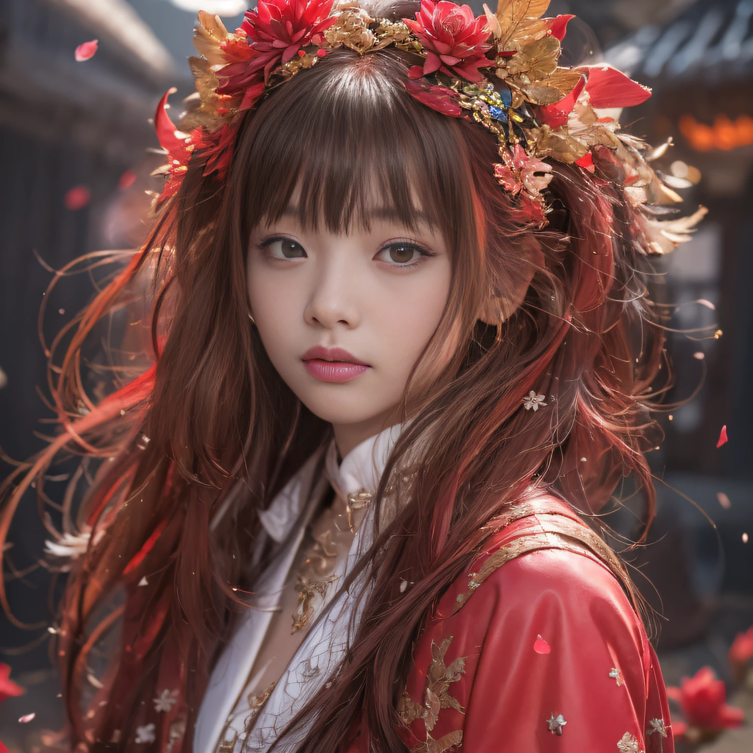 32K(tmasterpiece,k hd,hyper HD,32K)Long flowing rouge hair,ponds,zydink, a color, Asian people (Silly girl), (Silk scarf), Combat posture, looking at the ground, Long rouge hair, Floating rouge hair, Crocodile leather tiara, Chinese long-sleeved clothing, (abstract ink splash:1.2), Pink lotus background,Water lily flower protector(realisticlying:1.4),Rouge hair,Snowflakes fluttering,The background is pure, A high resolution, the detail, RAW photogr, Sharp Re, Nikon D850 Film Stock Photo by Jefferies Lee 4 Kodak Portra 400 Camera F1.6 shots, Rich colors, ultra-realistic vivid textures, Dramatic lighting, Unreal Engine Art Station Trend, cinestir 800,Long flowing rouge hair