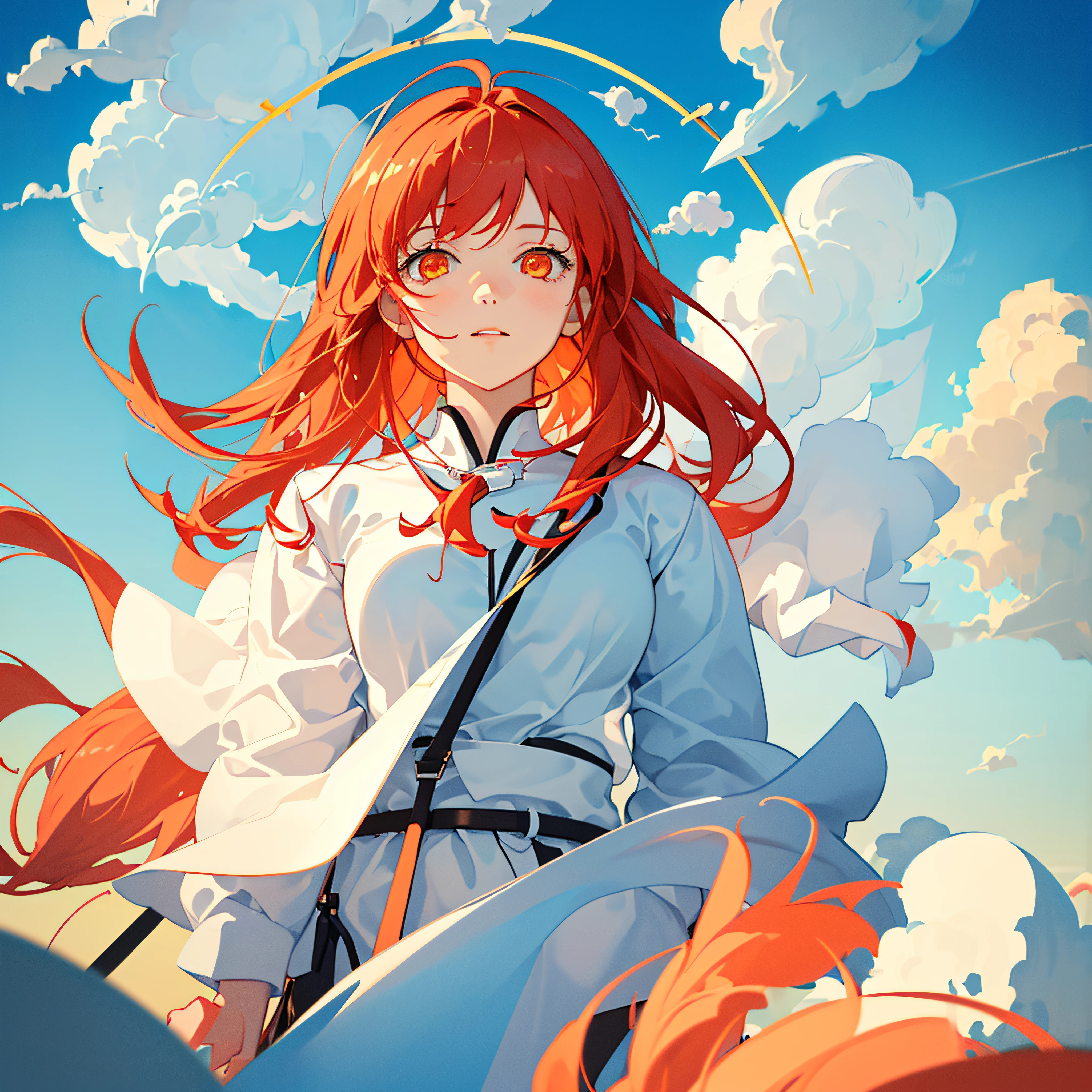 masterpiece, best quality, movie still, 1girl, floating in the sky, cloud girl, cloud, (close-up:1.1), bright, happy, fun, soft lighting, (Bauhaus, shapes, lines, abstract:1.1), red hair, golden eyes