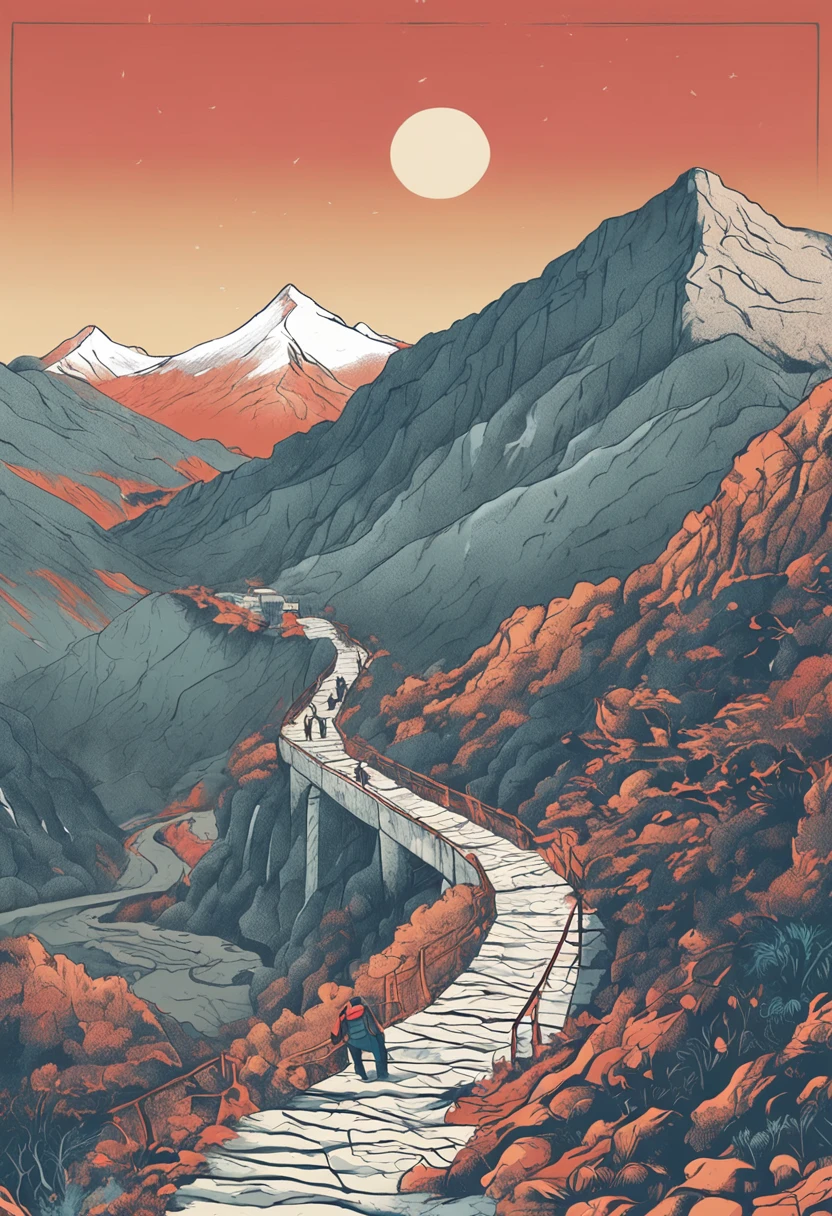 In the twilight sky、It depicts a figure on the way to the top of the mountain。He was number on his journey to the summit.々It can be seen that we have faced the difficulties of。That he is now、I'm holding my breath for a moment.、Never give up。A steep mountain road stretches out at his feet.、It reflects his hard work and hard work.。however、His face is full of determination and courage、Hope for the future is felt。