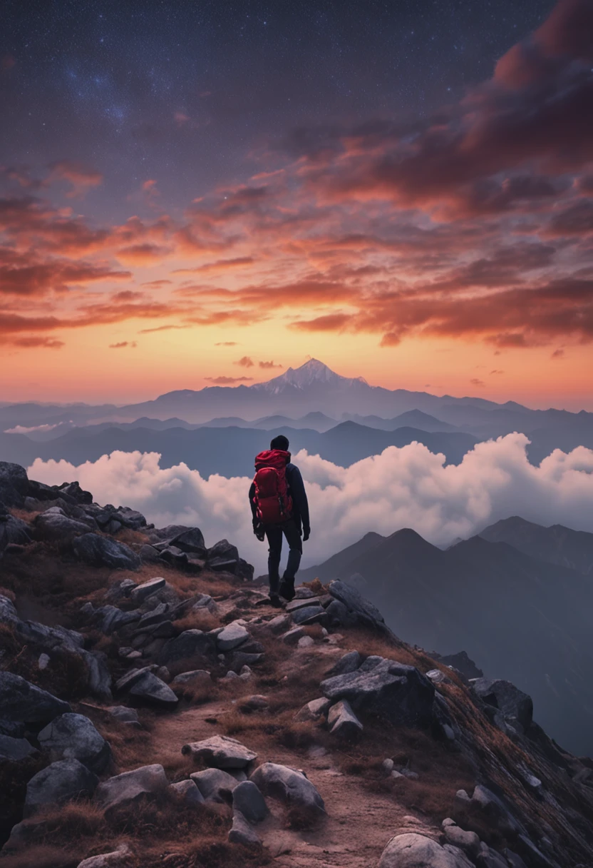 In the twilight sky、It depicts a figure on the way to the top of the mountain。He was number on his journey to the summit.々It can be seen that we have faced the difficulties of。That he is now、I'm holding my breath for a moment.、Never give up。A steep mountain road stretches out at his feet.、It reflects his hard work and hard work.。however、His face is full of determination and courage、Hope for the future is felt。