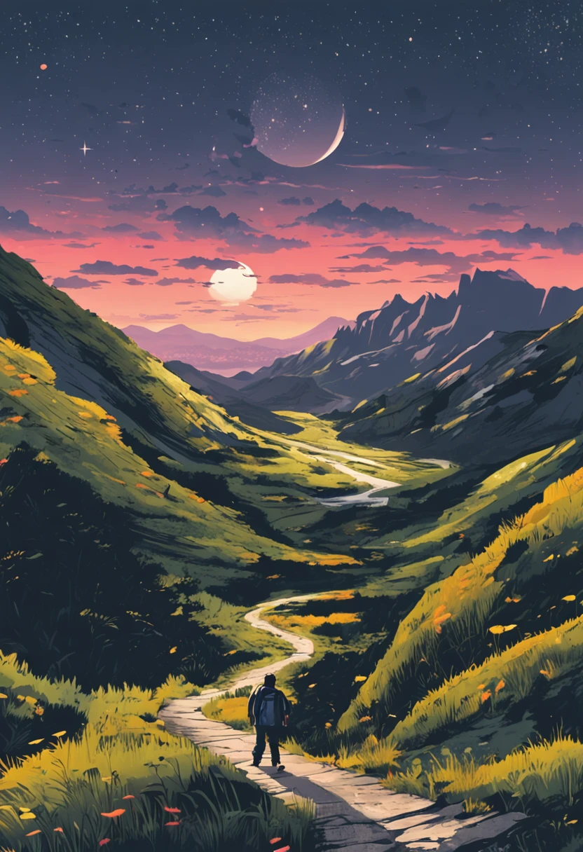 In the twilight sky、It depicts a figure on the way to the top of the mountain。He was number on his journey to the summit.々It can be seen that we have faced the difficulties of。That he is now、I'm holding my breath for a moment.、Never give up。A steep mountain road stretches out at his feet.、It reflects his hard work and hard work.。however、His face is full of determination and courage、Hope for the future is felt。