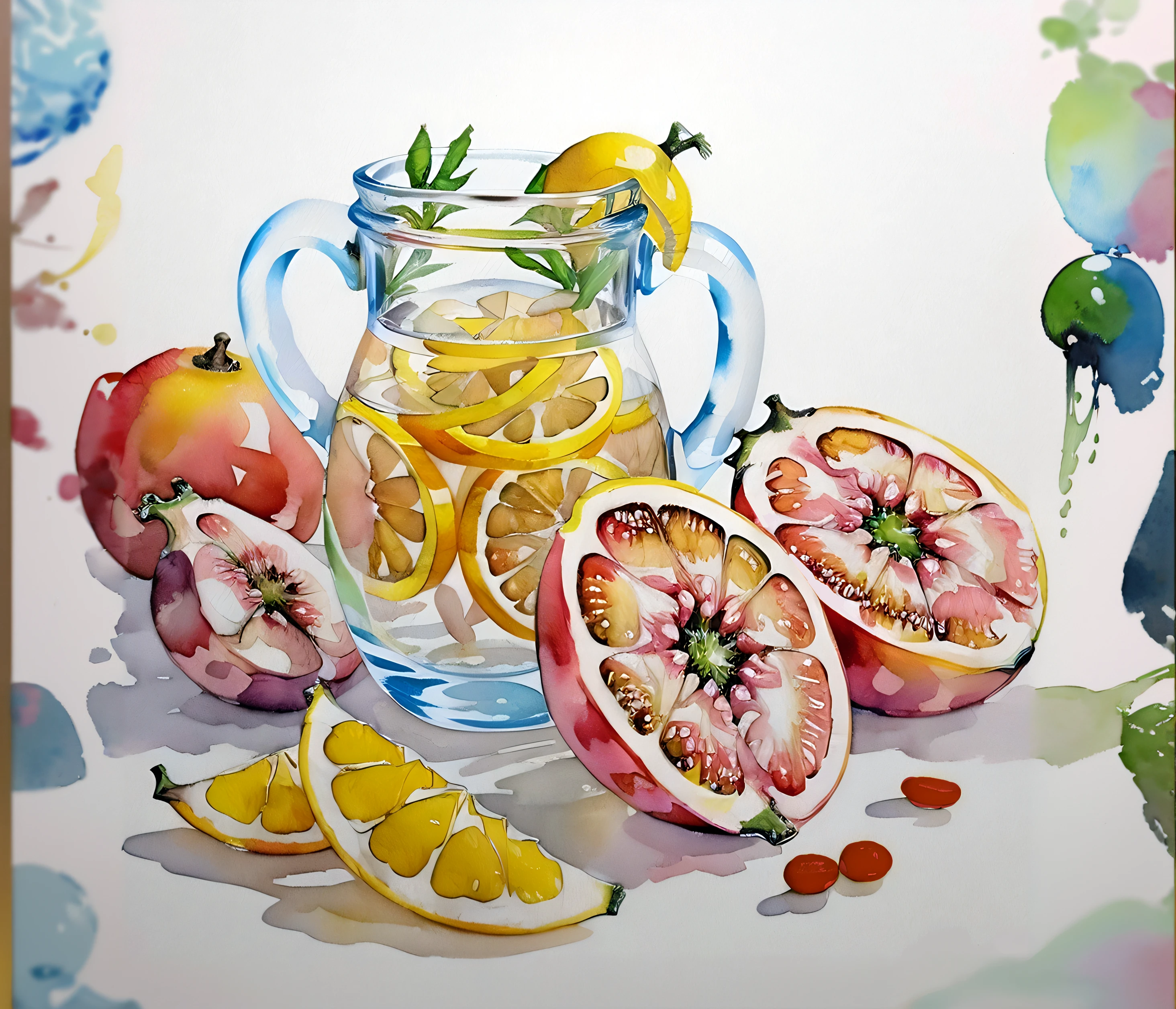 There is a painting of lemonade and fruit jugs, watercolor detailed art, detailed watercolour, inspired by Janet Fish, watercolor colored painting, watercolor artwork of exotic, full-colour illustration, author：Janet Fish, detailed watercolor, Watercolor painting, masterful detailed watercolor, author：Nancy Karin, author：Anna Heifesch, author：Mandy Jürgens, realistic watercolour, vibrant watercolor painting
