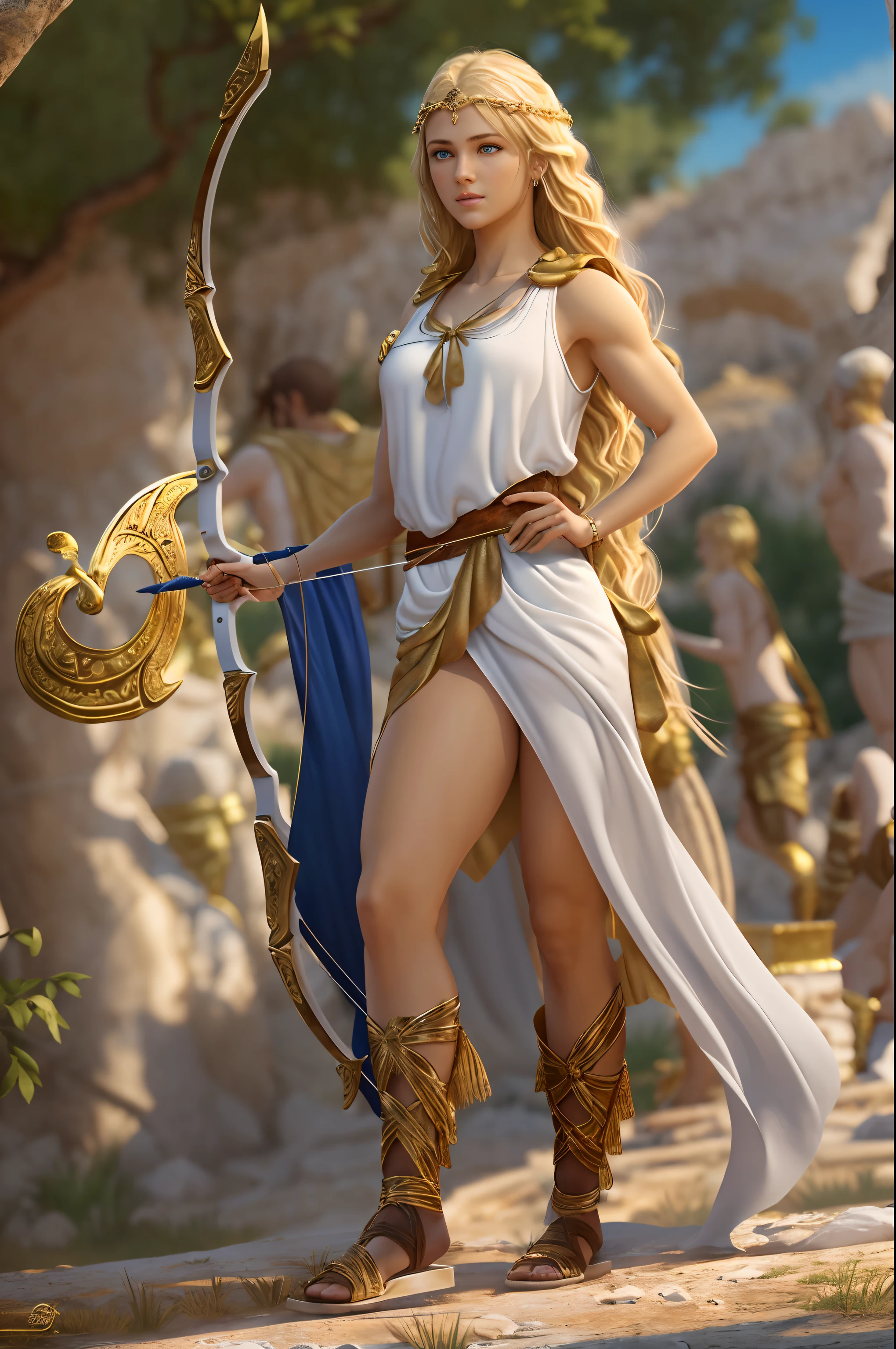 Young virgin greek goddess of wild nature and hunting, with (((Blonde hair))) And (((Blue eyes))), Amazingly beautiful, is fair-skinned, slender and tall, Show off her perfect pair of long legs, wears {sleeveless, (Very short: 1.7), (white:1.5), Greek chitons, With golden border}, Abs, "Looks strict and determined", What's on ((Golden bow)), Running and chasing prey, archery, Mythical Arcadian mountains and forests, Greek mythology, vibrant and lively atmosphere, Photorealiatic, Hyper-Realism, ultra-quality, Super Detail, ultra accurate description of hand, masutepiece, 8K, nffsw