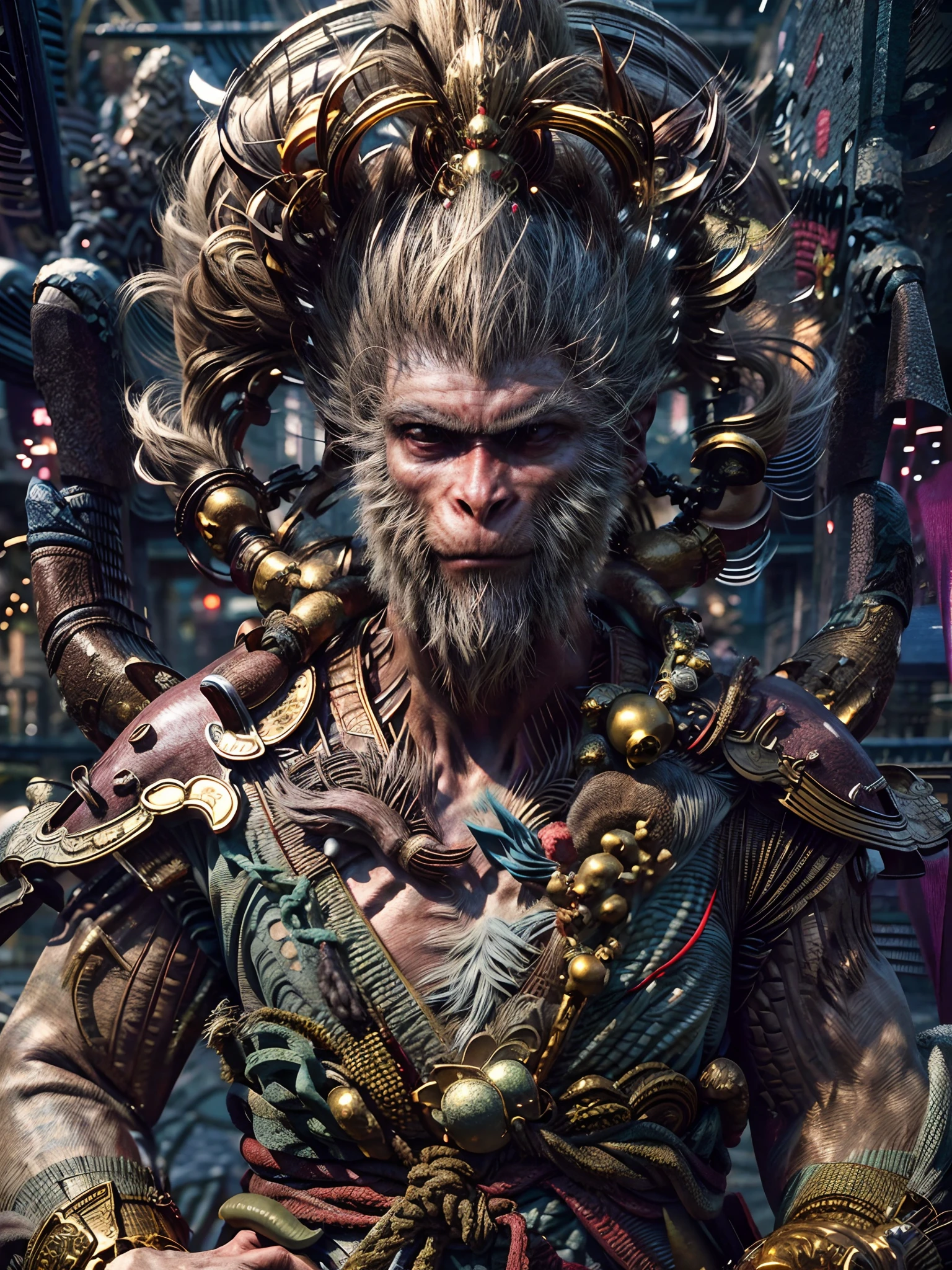 (Masterpiece, A sacred portrayal of the Monkey King:1.4), wukong，(Charming illustration of monkey god in his iconic appearance:1.2), (Meticulous details capture his palatial presence:1.2), (Created to commemorate mythical figures in Chinese folklore:1.2), (The Monkey King wears a golden crown, Symbolizes his pious status:1.3), (His hairy muscles exude strength and majesty:1.3), (Dressed in bright red and gold robes, Pay tribute to his legendary journey:1.1), (Holding a long staff, Firmly rooted in the ground, The embodiment of his power:1.3), (Perched atop a magnificent Chinese temple, Prove his divinity:1.1), (Intricate temple architecture，Vivid red and gold tones:1.1), (The vibrant blue sky contrasts:1.1), (The wind rustled his fur and robe, Add dynamic motion to your scene:1.1), (His eyes radiate wisdom and confidence:1.1), (The gold headdress sparkles in the sun, A symbol of his celestial origins:1.1), (Capture the otherworldly aura and depiction of existence of the gods:1.1), (The color scheme enhances the cultural richness of the scene:1.1), (A depiction that pays homage to the legendary status and significance of God:1.1), (One invites viewers to marvel at the image of the majestic avatar of the Monkey King:1.1)), Cinematic, Hyper-detailed, insanely details, beautifully color-graded, illusory engine, degrees of freedom, Hyper-Resolution, megapixel, Cinematic lightning, Anti-aliasing, FKAA, TXAA, RTX, SSAO, post-proces, postproduction, Tone-mapping, .CGI, vfx, SFX, insanely detailed and intricate, hyper-maximalist, Ultra photo realsisim, volumetr, Photorealistic, The ultra-realistice, Ultra-detailed, Intricate details, Super detailed, Full color, Volumetric lightning, hdr, Realistic, illusory engine, 16k, Sharp focus, rendering by octane