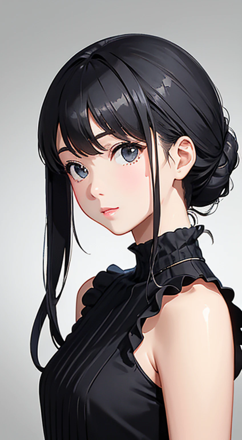 facing front、frontage、girl with、(Face Details:1.2)、masterpiece、Silver knitted chignon、Knitting chignon、Silver eyes、super precision、top-quality、Top image quality、Ultra-precise depiction、8K picture quality、simple background、Ruffled dress、off shoulders、Detailed hand、Detailed finger、simple background、white backgrounid、