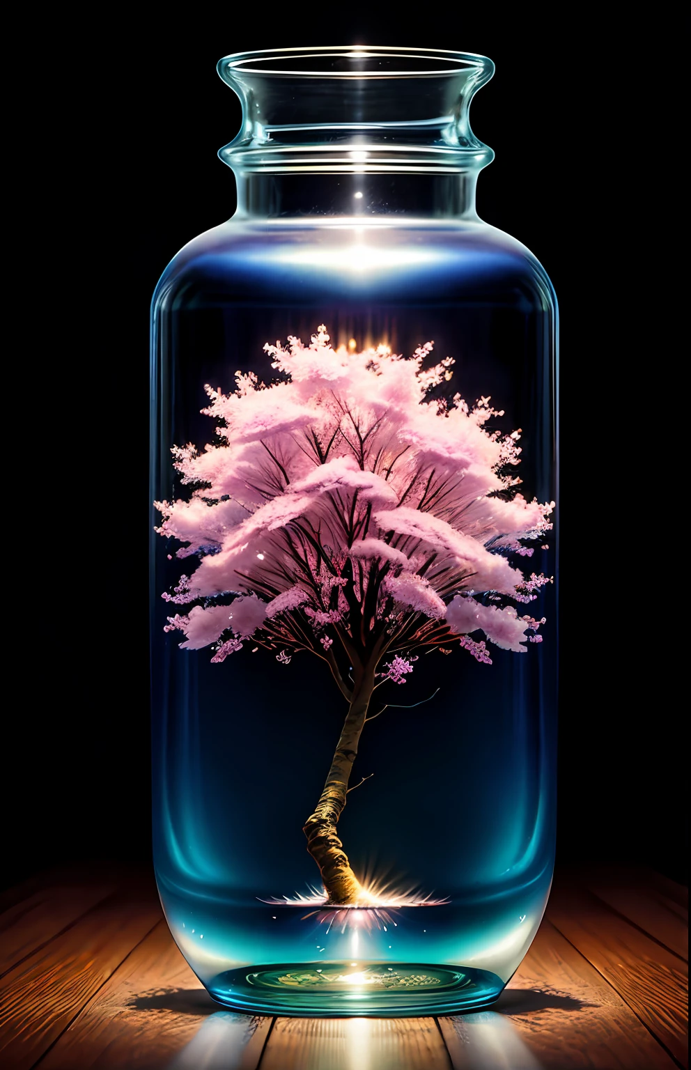 sakura tree in a bottle, fluffy, realistic, atmospheric light refraction, by lee jeffries nikon d850 film stock photograph 4 kodak portra 400 camera f1.6 lens rich colors hyper realistic lifelike texture dramatic lighting unreal engine trending on artstation cinestill 800, Style-Glass