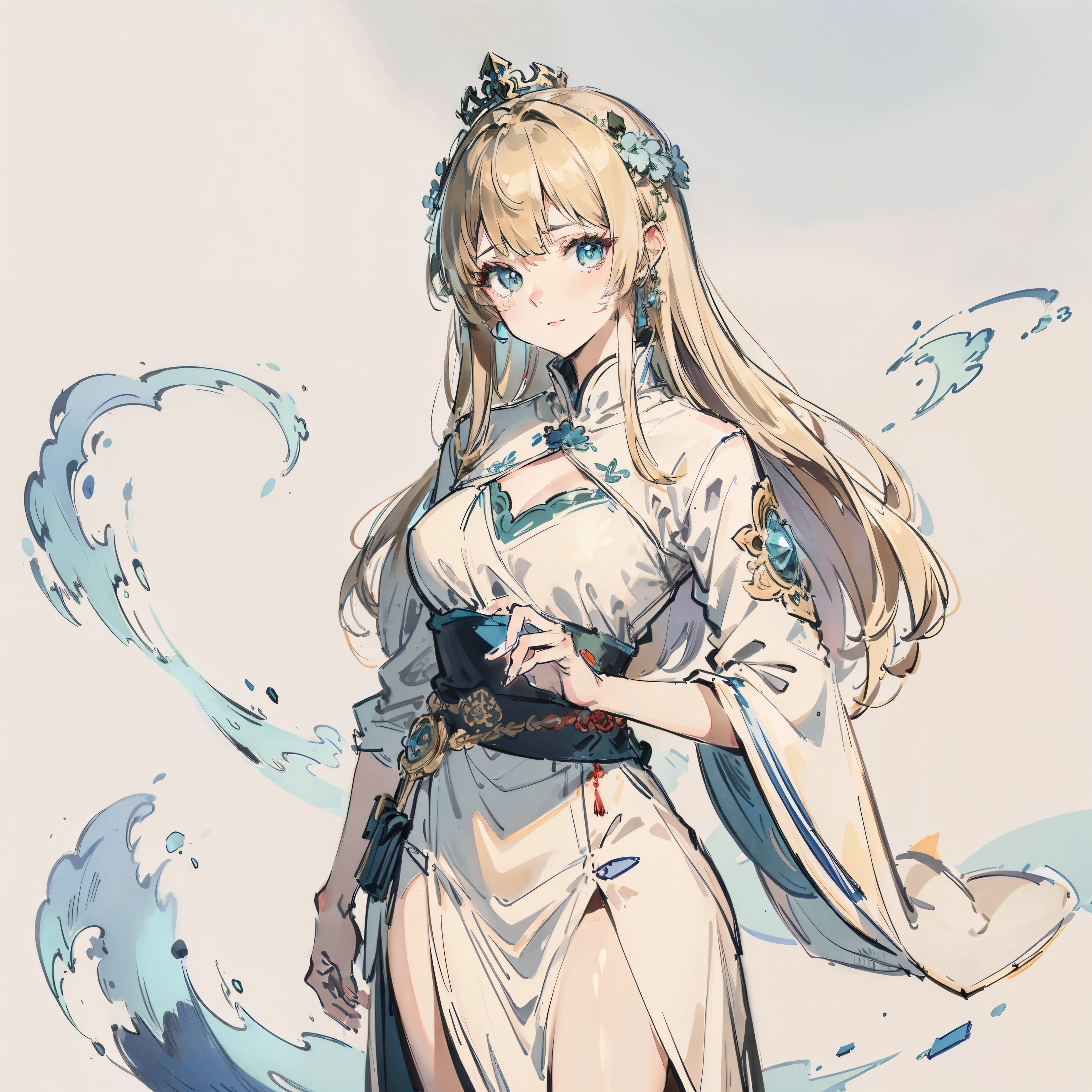 a woman in a white dress and a blue cape is standing, cushart krenz key art feminine, anime goddess, pixiv, pretty female cleric, digital art on pixiv, pixiv style, wlop rossdraws, alphonse mucha and rossdraws, guweiz, top rated on pixiv, rossdraws sakimimichan, ash blonde, green eyes, sun goddess, crown