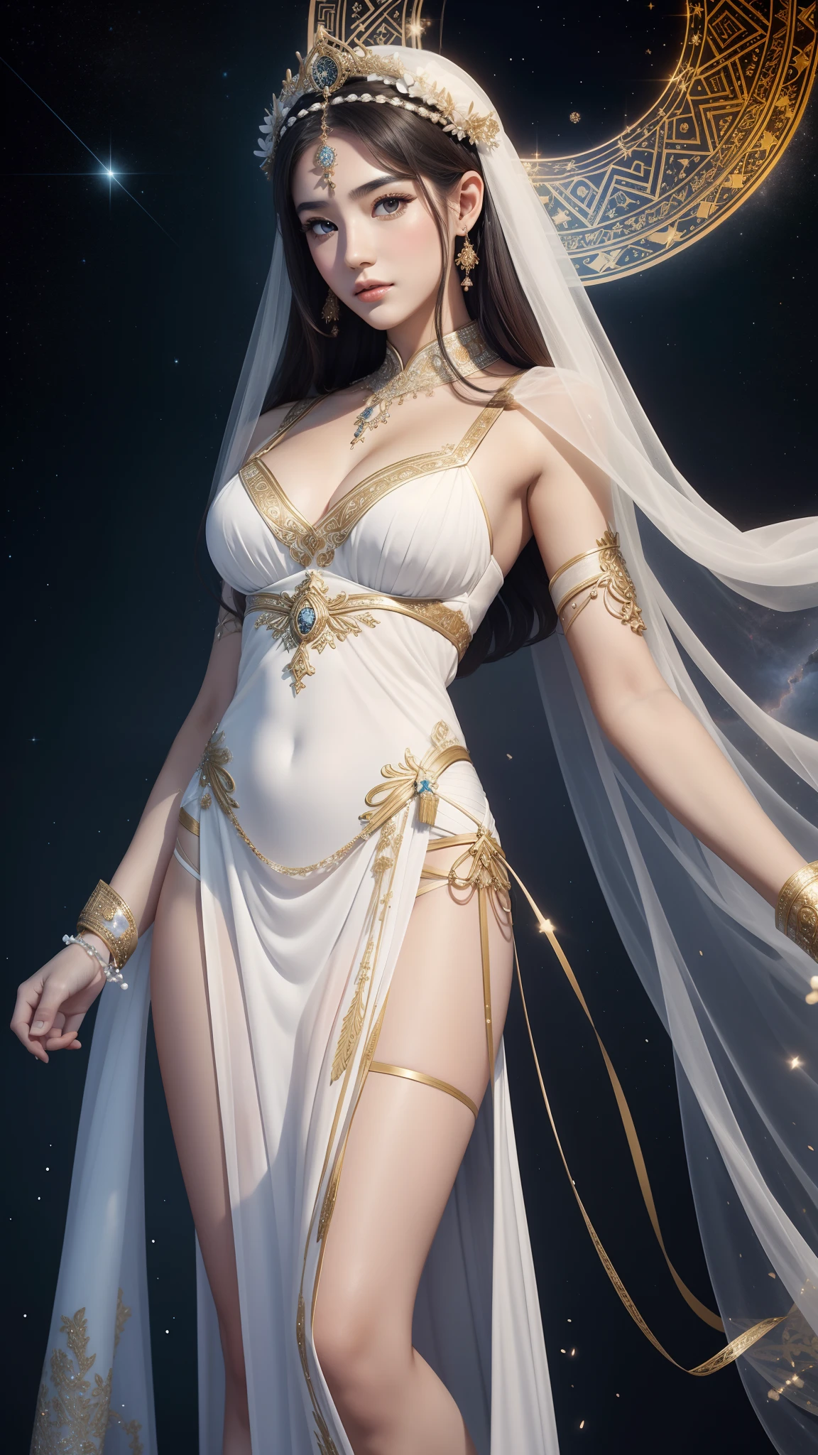 Goddess of constellations,White Greek classical costume,Lightweight tulle texture,Oriental face,Beautiful and tall,full bodyesbian