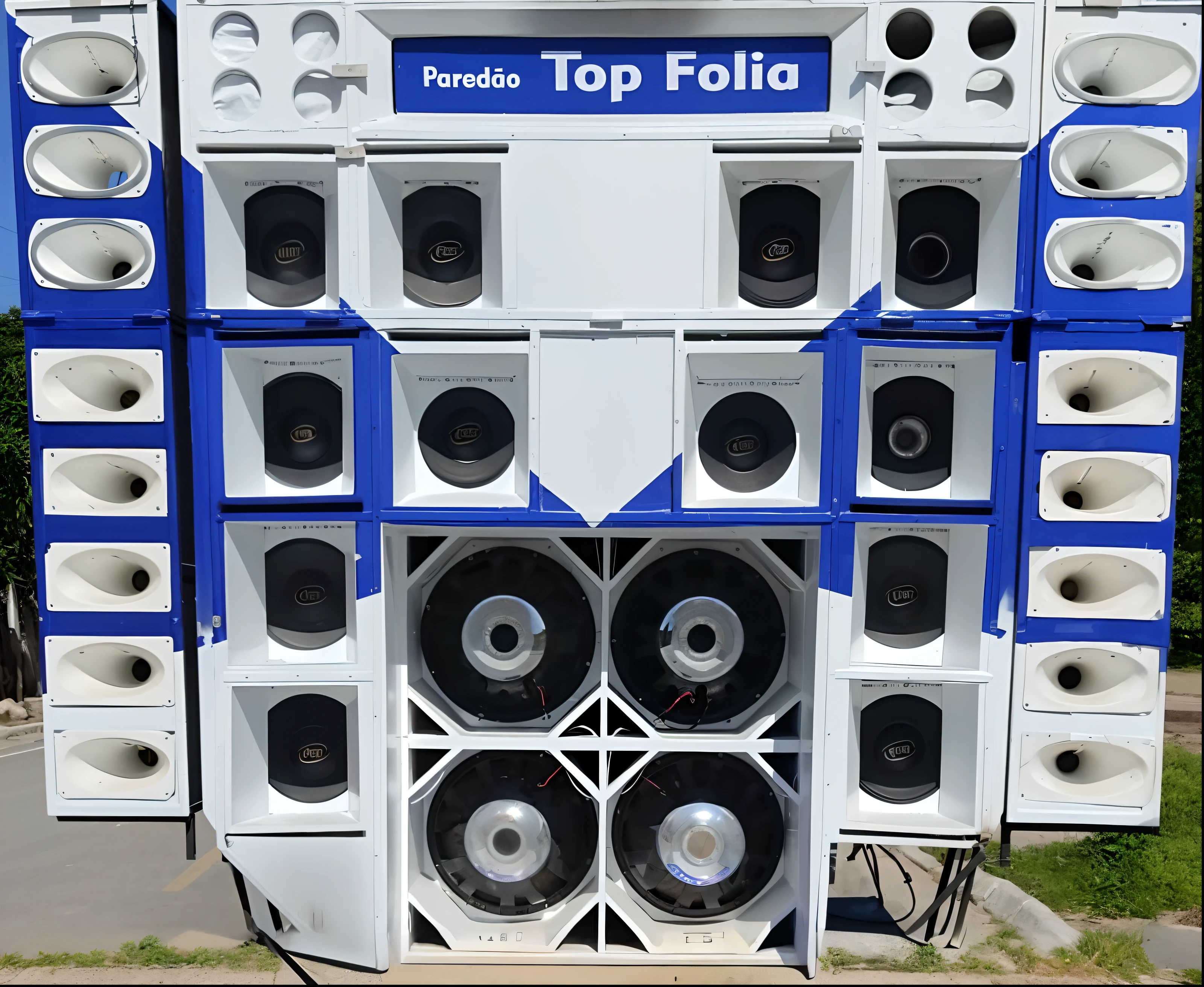 There's a big speaker truck with a bunch of speakers in it, hi fi maciço system of 7 0 s, alto-falantes enormes, muitos palestrantes, alto-falantes gigantes, 7 0 s sistema hi fi, 1 6 x 1 6, Mais acessados, audio equipments, Palestrantes de palco, dispositivo completo, Audiophile, Casas de futurismo, pareidolia, t-topo, Frente cheia