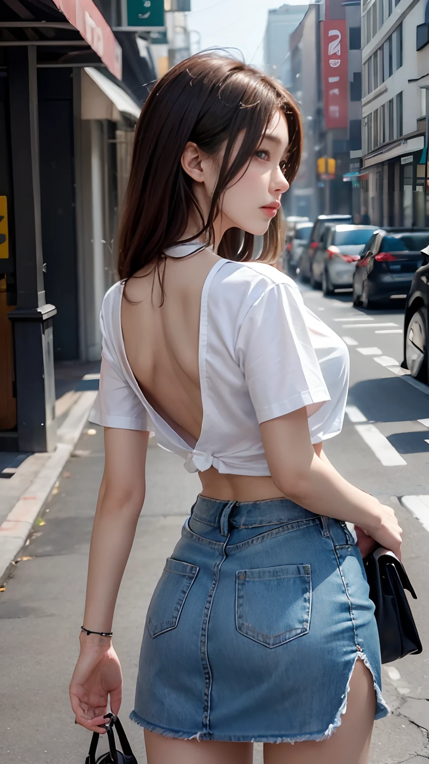 Beautiful sexy woman standing on the street、((Short shirt with wide open chest))、Very gigantic-breasts:1.u can clearly see the shape of the chest、belly is visible、Tight super mini skirt、long legged、Show your viewers their backs、Beautiful profile looking back